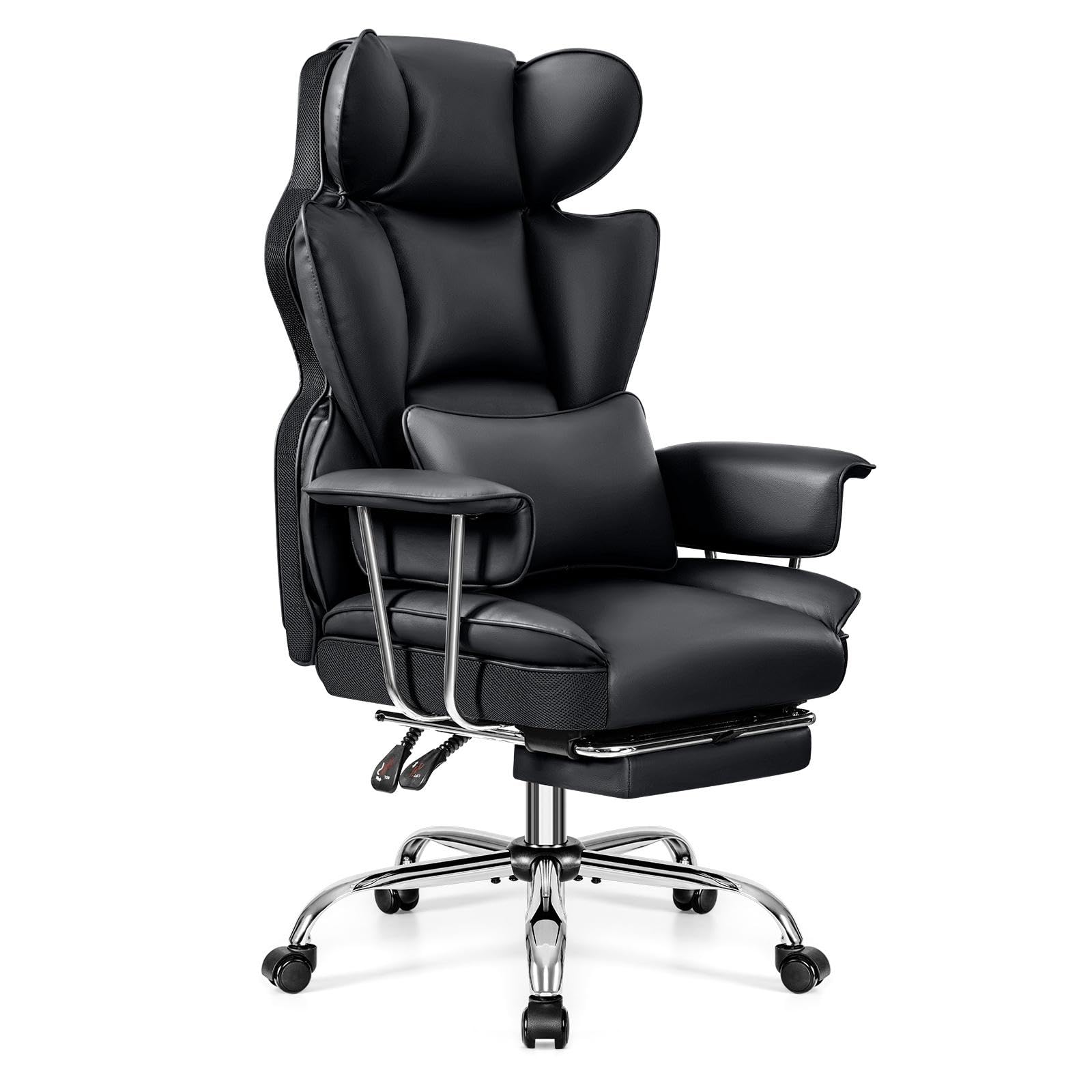 Big and Tall Executive Office Chair with Footrest - Ergonomic Leather Computer Chair, High Back Reclining with Lumbar Support - Large Home Office Desk Chair for Comfortable Working (Black) - Perfect for Home Office, Gaming, and Long Work Sessions