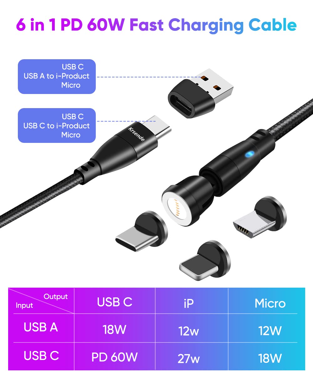 Krsende 6-in-1 Magnetic Charging Cable 2M (6.6ft) - 60W Fast Charging USB A/USB C to Type C Cable with 360° & 180° Rotation - Perfect for iPhone, Android, Tablets & Laptops - Black