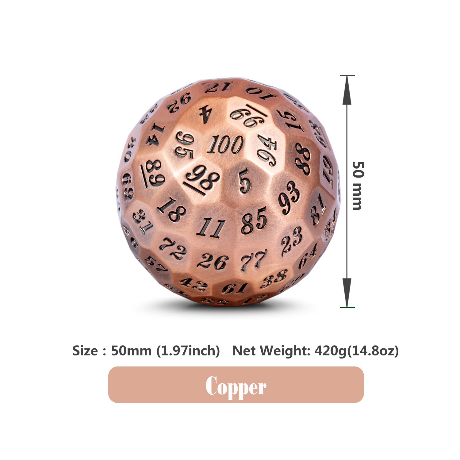 DNDND Metal D100 Dice 50mm Single 100-Sided Polyhedral Dice with Metal Case & Velvet Pouch (Copper/Black) - Perfect for Dungeons & Dragons, RPG Games, Tabletop Gaming & Collectors