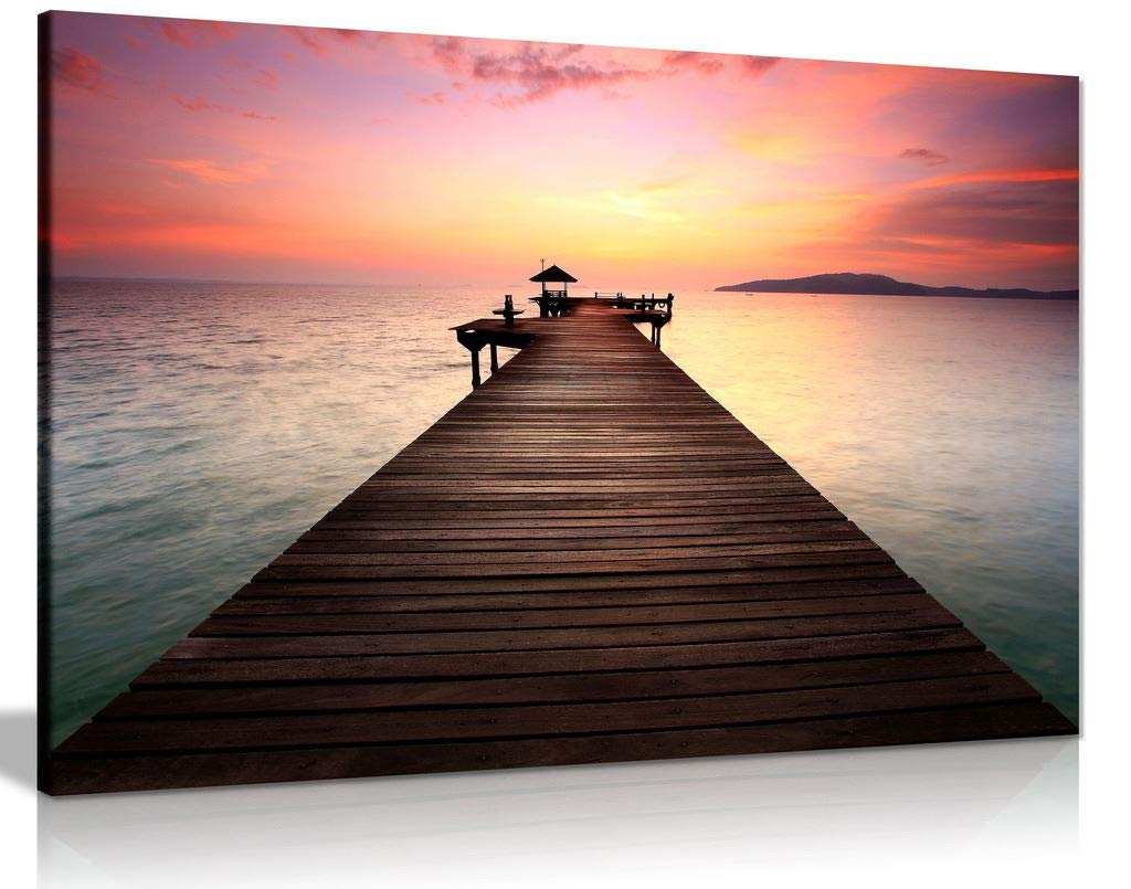 Coastal Pier Canvas Wall Art Print - 36x24 Inches Beach Landscape Painting for Living Room, Bedroom & Office Decor