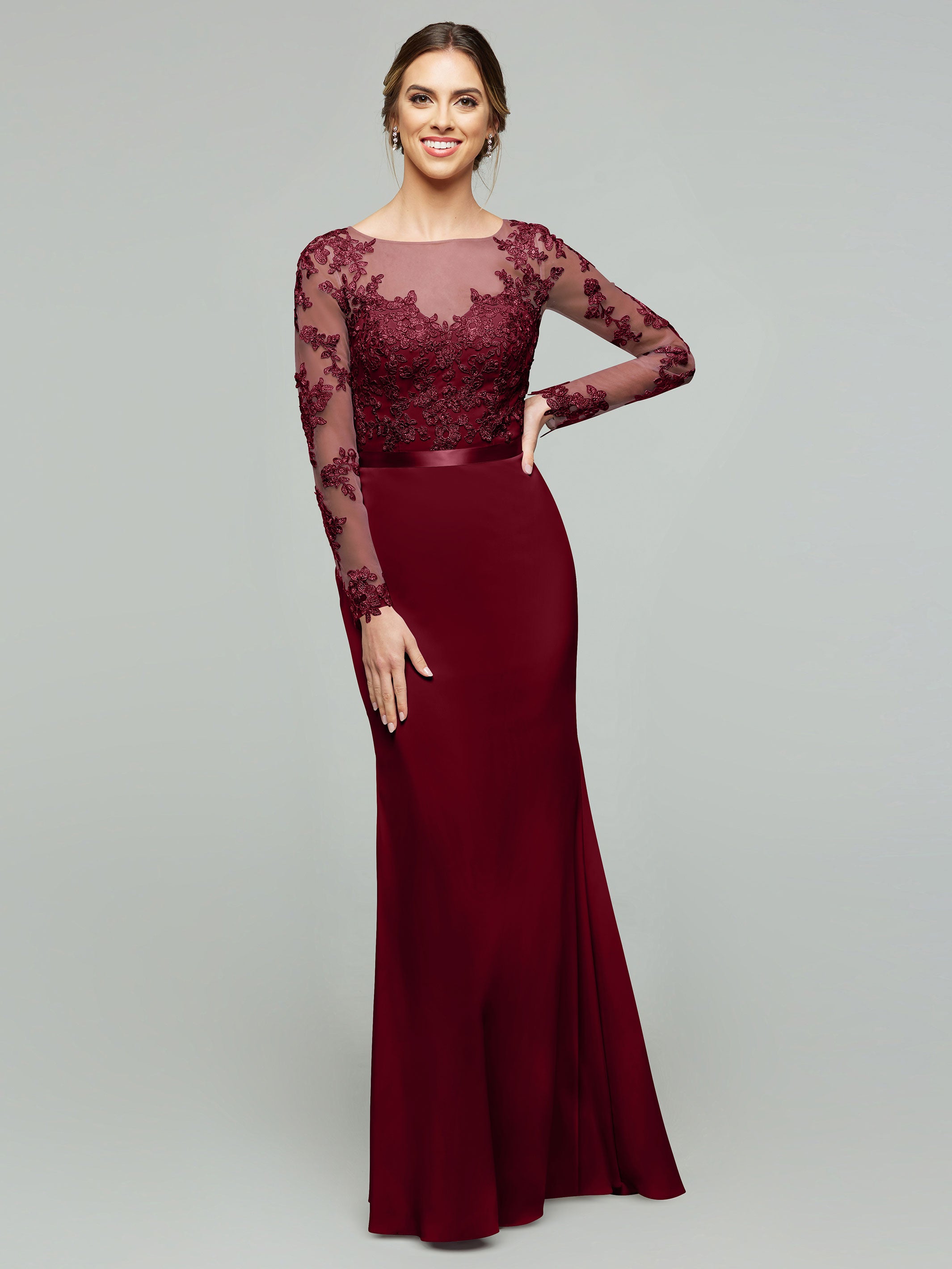 Elegant 80190 Chiffon & Lace Mermaid Bridesmaid Dress with Illusion Long Sleeves - Perfect for Weddings, Proms & Formal Events