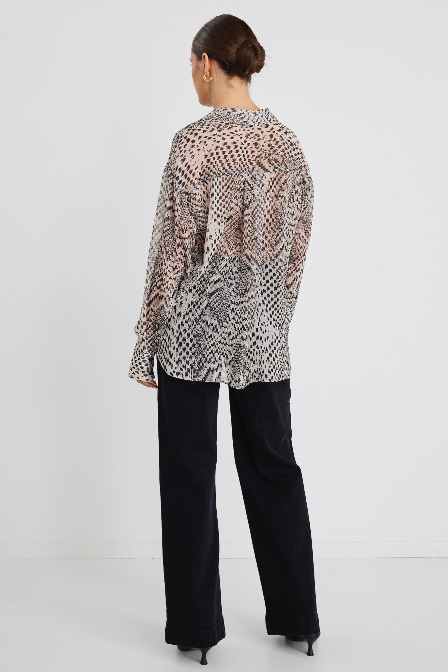 Felix Charcoal Snake Print Georgette Oversized Shirt for Women - Stylish Loose Fit Blouse for Casual Outings and Date Nights