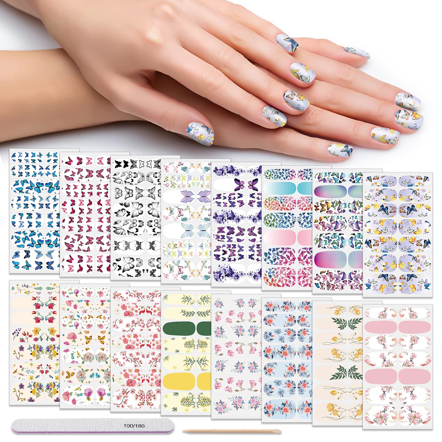 DANNEASY 16 Sheets Nail Wraps - Butterfly Flower Nail Polish Strips for Women | Self-Adhesive Manicure Stickers with Nail File & Cuticle Stick (Chic Style) | Perfect for Parties, Weddings & Everyday Nail Art