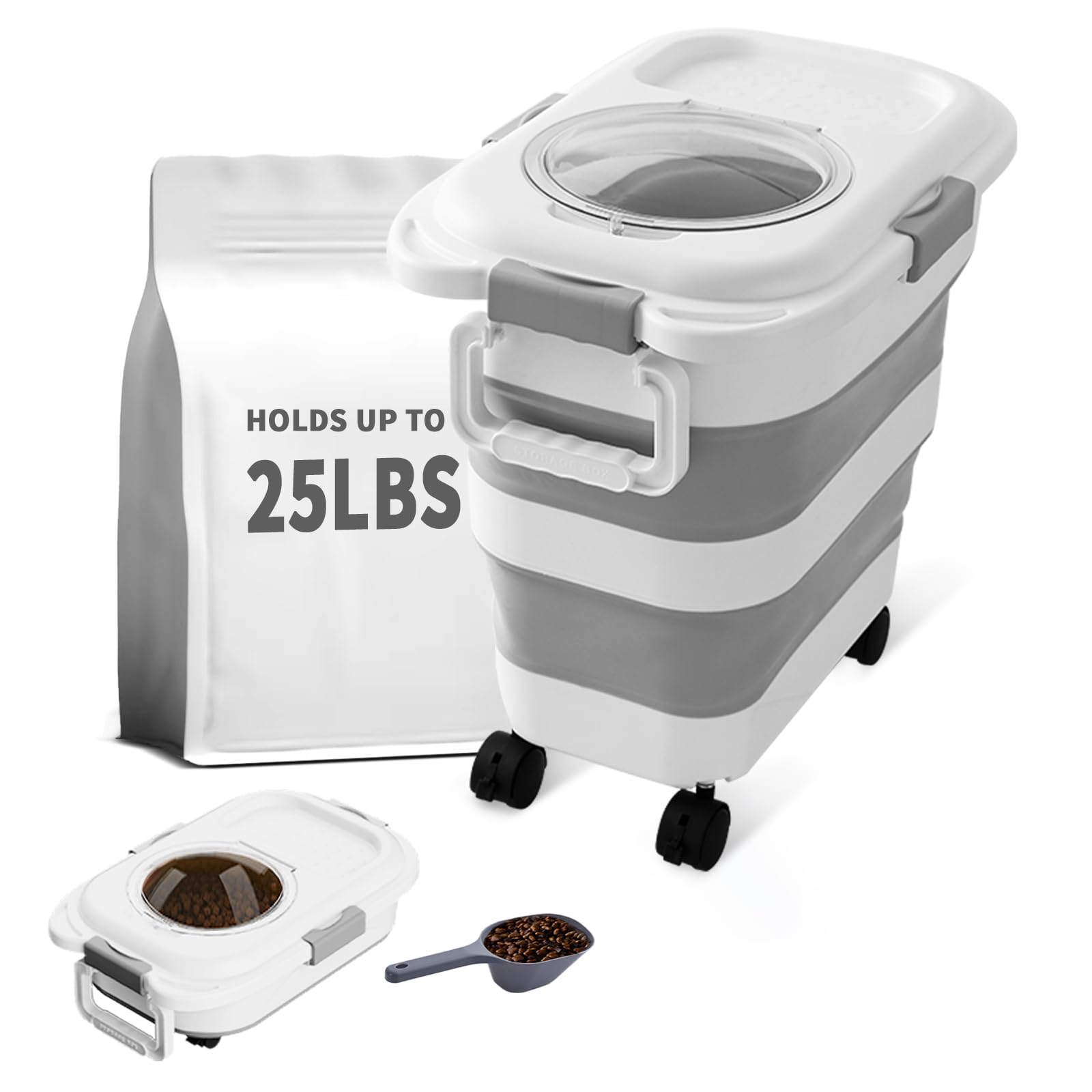 25 Lbs Collapsible Dog Food Storage Container with Scoop - Airtight Pet Food Bin for Dogs, Cats & Birds - Keep Dry Food Fresh & Easy to Move - Perfect for Home, Travel & Outdoor Use (White)