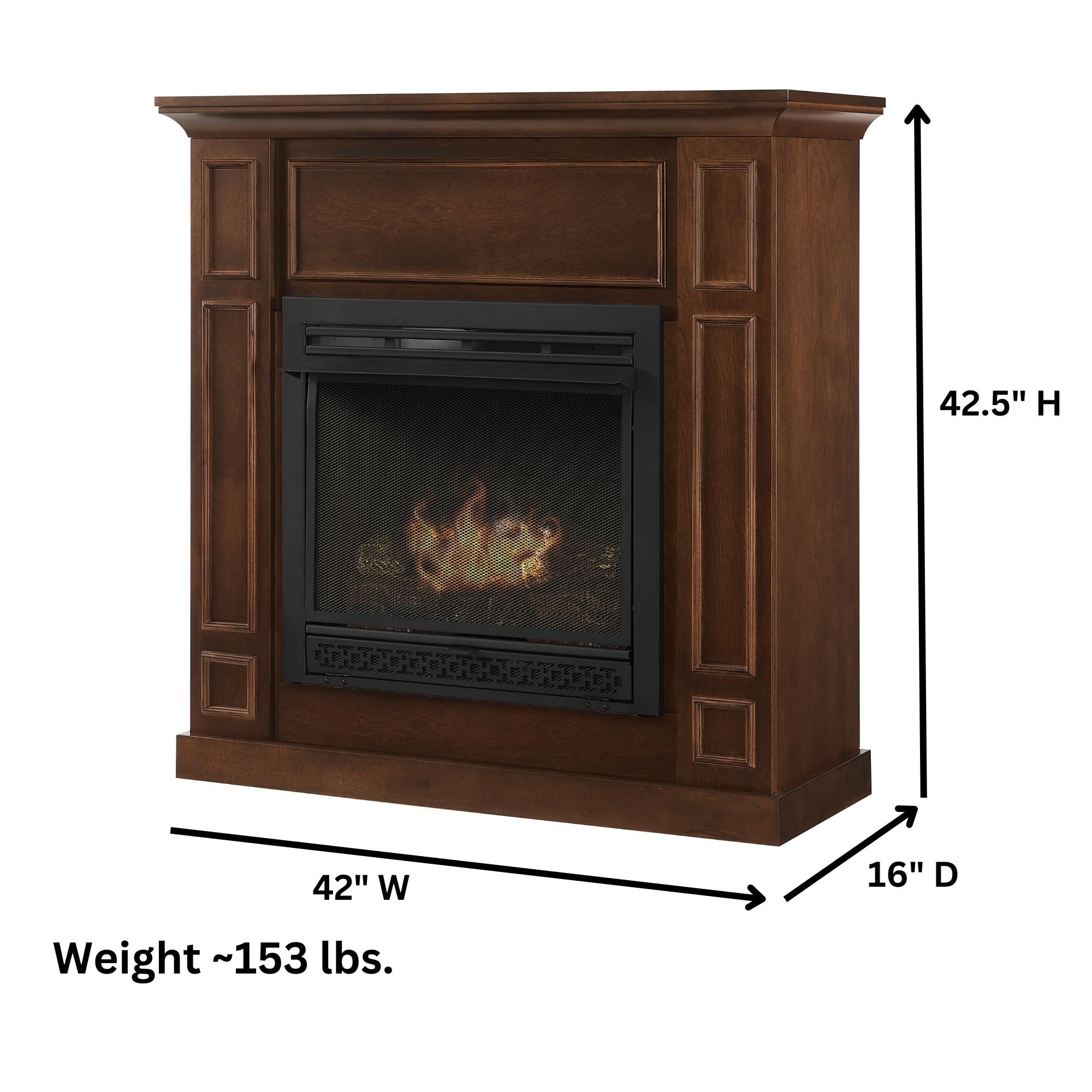 Comfort Glow Dual Fuel Ventless Gas Fireplace with Mantle - The Avalon Model, Adjustable Thermostat, 26,000 BTU for 950 sq ft Heating, Natural Gas or Liquid Propane, Walnut Finish - Perfect for Living Rooms, Bedrooms & Basements
