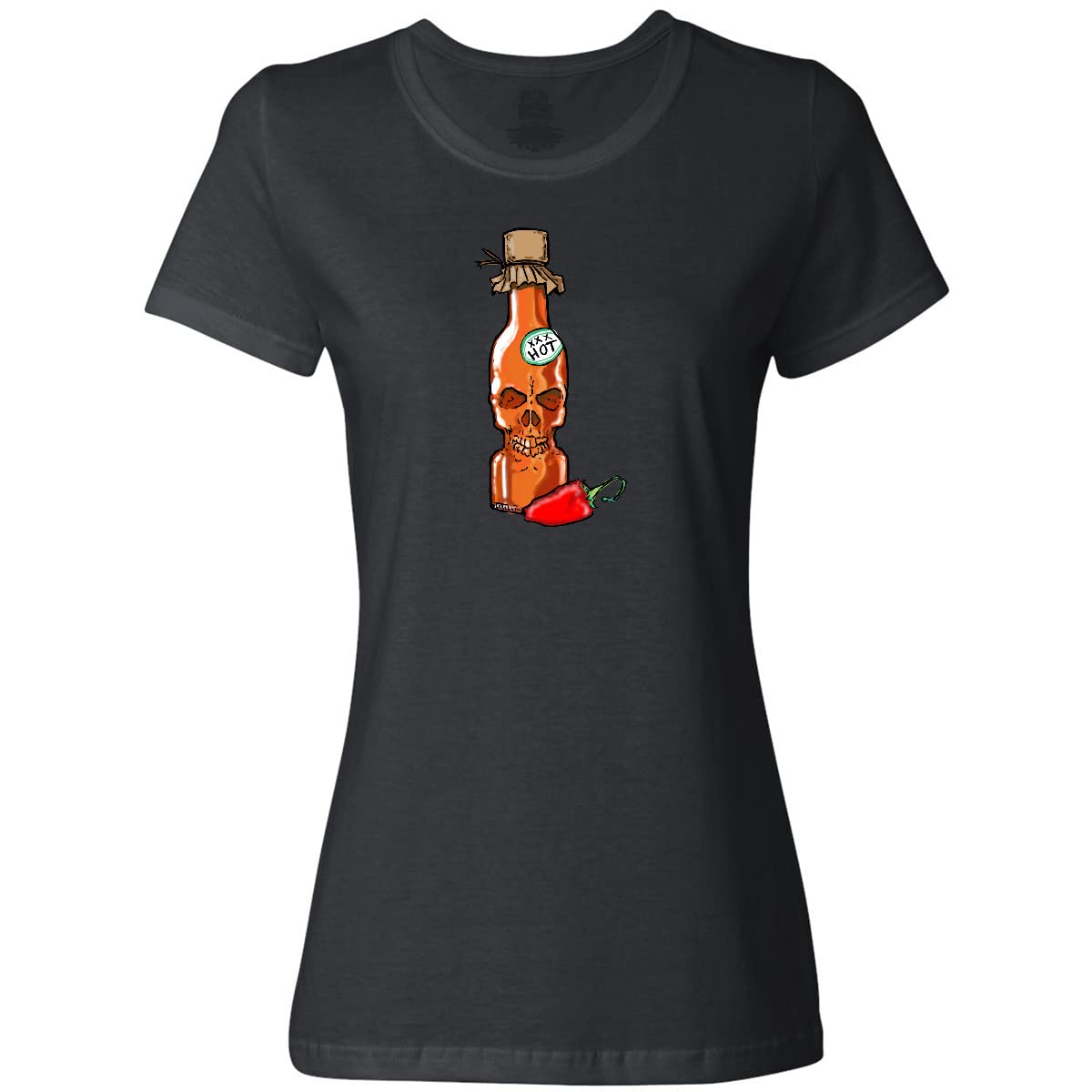 Inktastic Hot Sauce Skull Bottle with Pepper Women's T-Shirt | Graphic Tee for Spicy Food Lovers | Perfect for Casual Wear, Halloween & Hot Sauce Enthusiasts