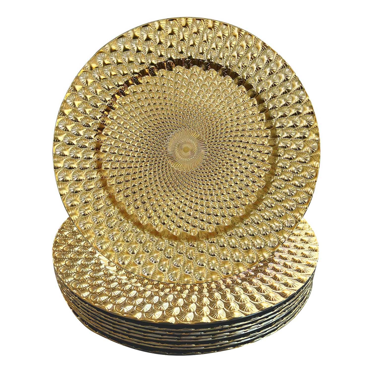 WELMATCH 12-Pack Gold Plastic Peacock Charger Plates - 13 Inch Round Decorative Dinner Plates for Wedding, Party & Special Events - Elegant Table Setting for Formal Dining & Celebration Decor