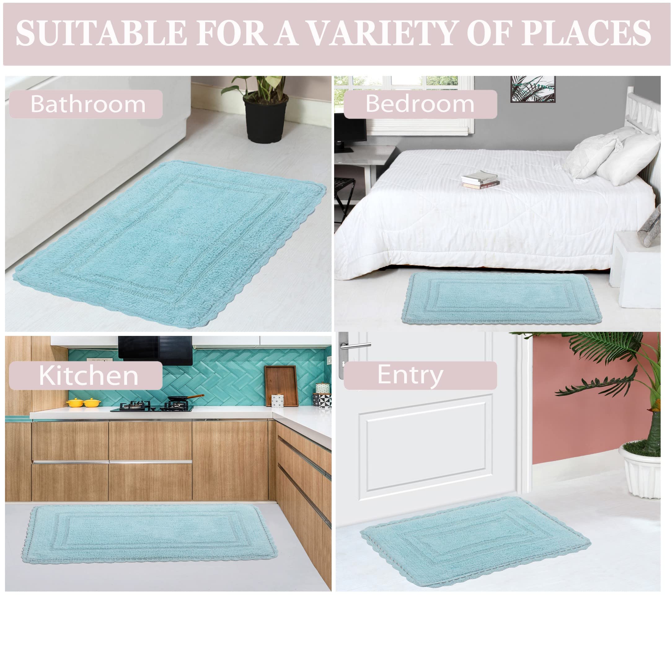 Home Weavers Reversible 100% Cotton Bath Mat Set - Ultra Soft Absorbent Non-Slip Bathroom Rug & Kitchen Mat (21
