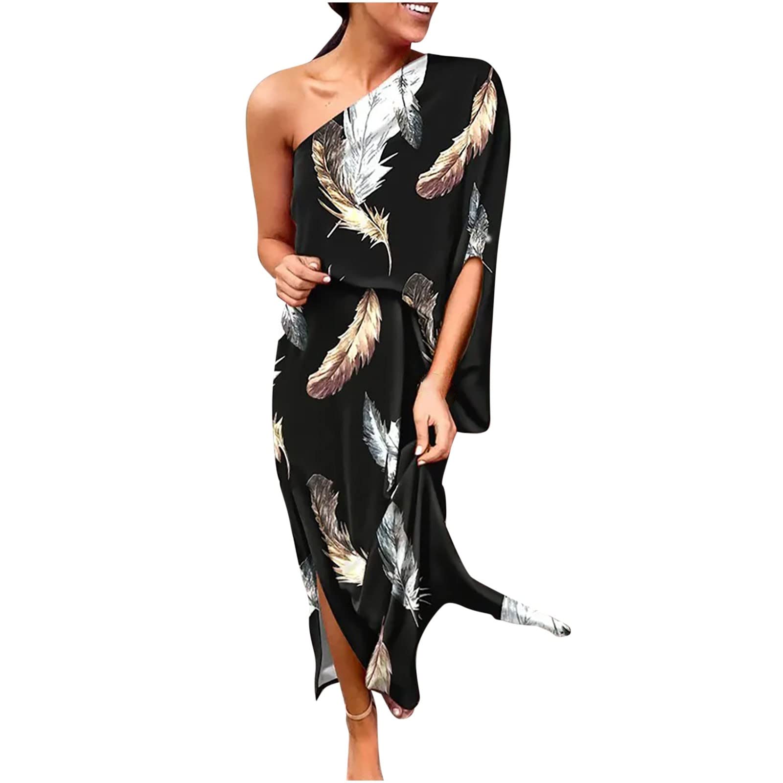 Sexy One Shoulder Summer Dress for Women - Floral Printed Loose Mini Dress with Slit Hem & Sleeve - Perfect for Evening Party, Club Wear, Beach Vacation and Date Night