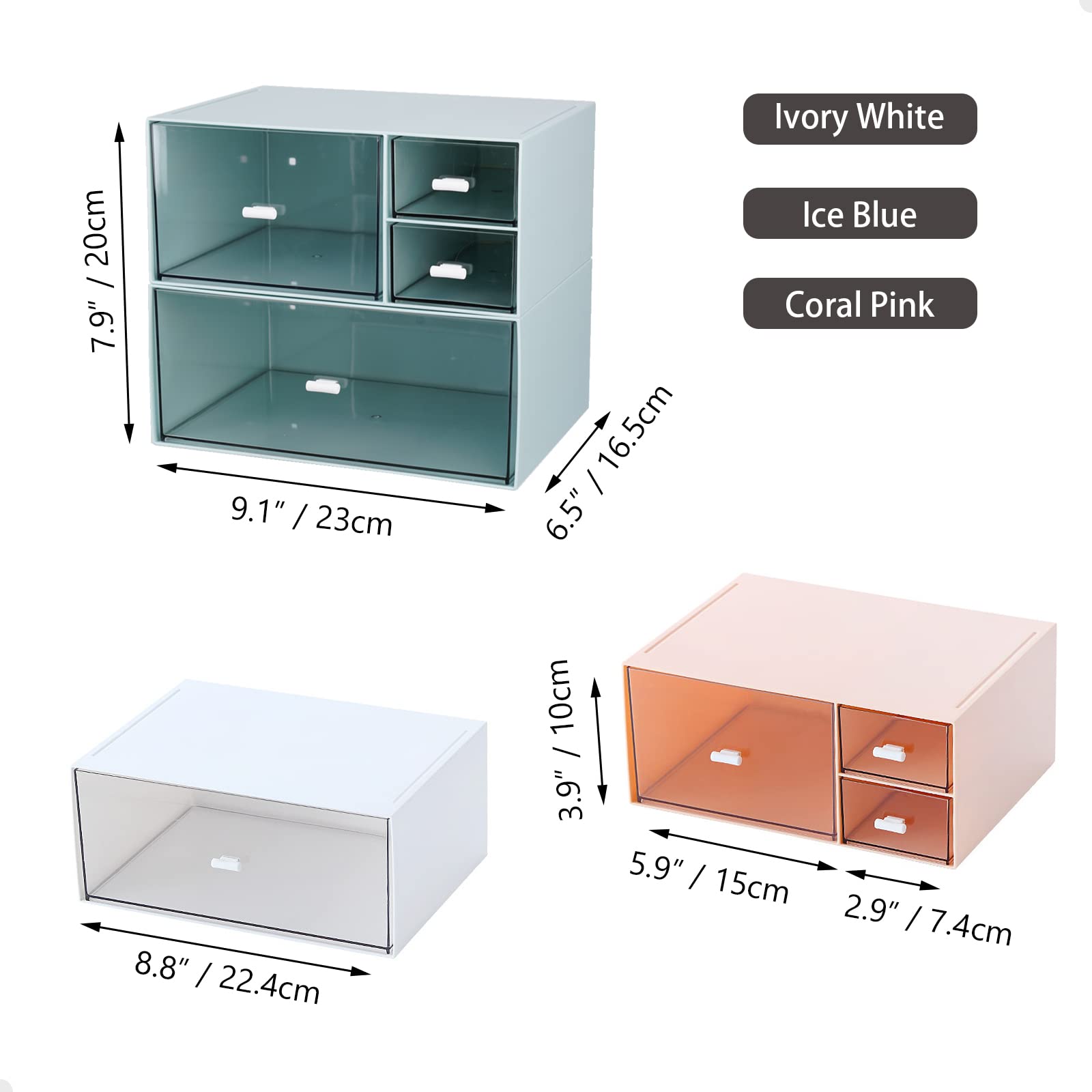 Stackable Plastic Desk Organizer with 4 Drawers - Office Supplies Storage, Makeup & Skincare Organizer, Sanitation Supplies Holder - Perfect for Home Office, Vanity Table & Bathroom Organization (White)