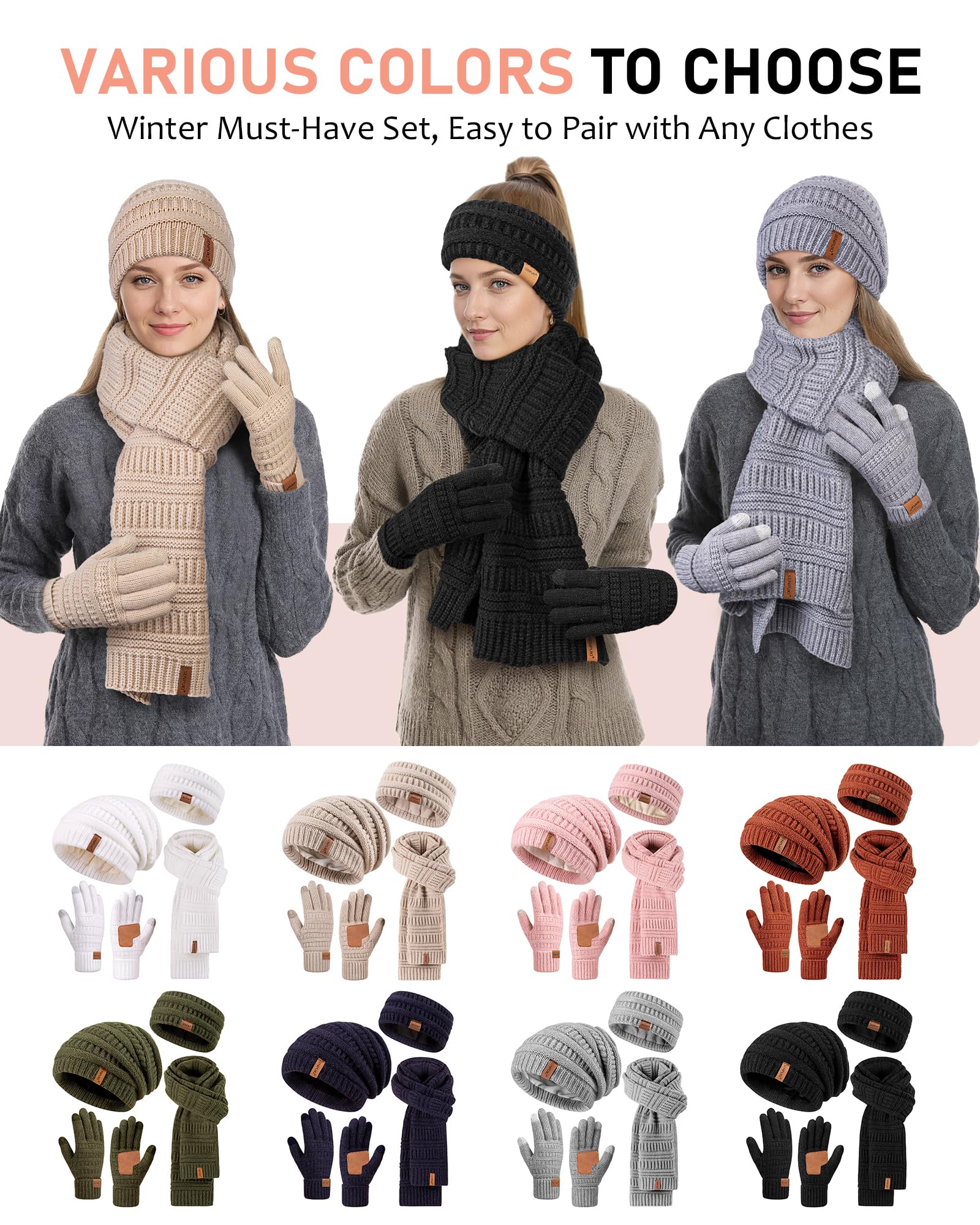Women's Winter Beanie Hat Scarf Gloves Headband Set - Slouchy Knit Beanie, Ear Warmer, Touchscreen Gloves - Warm 4-Piece Gift Set for Cold Weather, Outdoor Activities, Skiing, Snowboarding & Daily Winter Wear