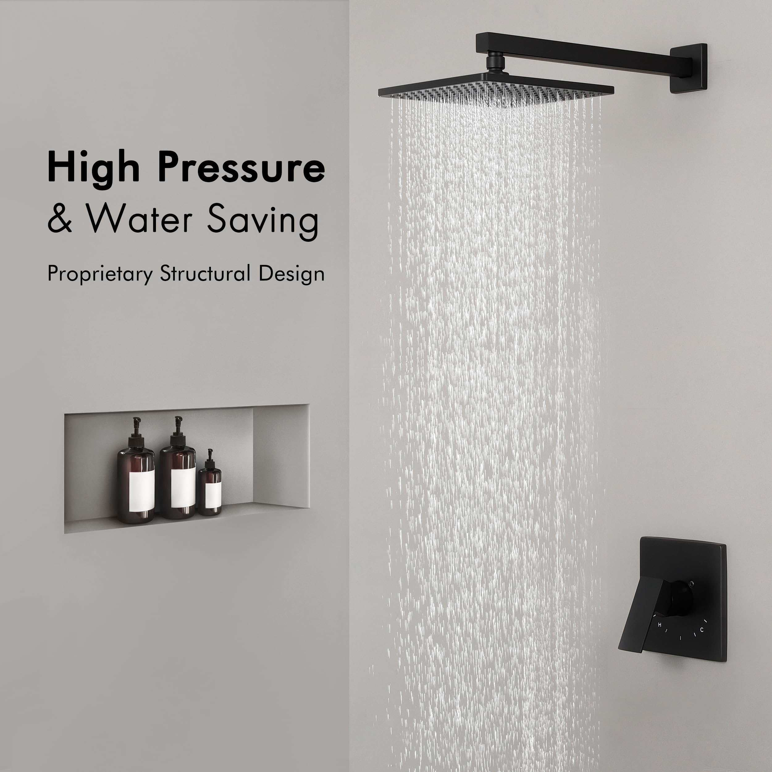 KES Matte Black Square Rainfall Shower Head System - High Pressure All Metal Shower Faucet with Rough-in Valve Body & Trim (XB6210-BK) - Perfect for Luxurious Bathroom Upgrades and Spa-Like Shower Experience
