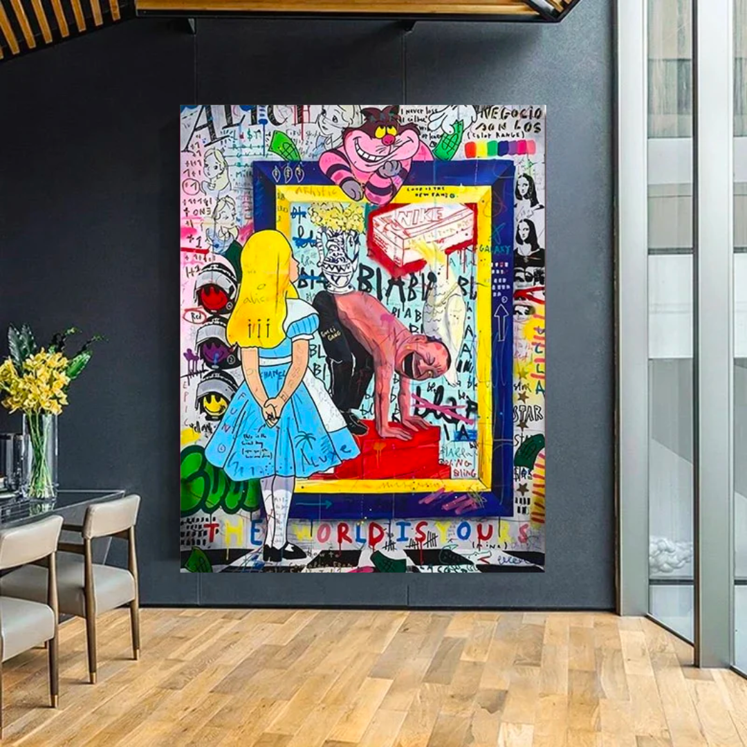 Banksy Wonderland Mirror Canvas Wall Art - Unique Graffiti Home Decor for Living Room, Bedroom & Office | Modern Urban Street Art