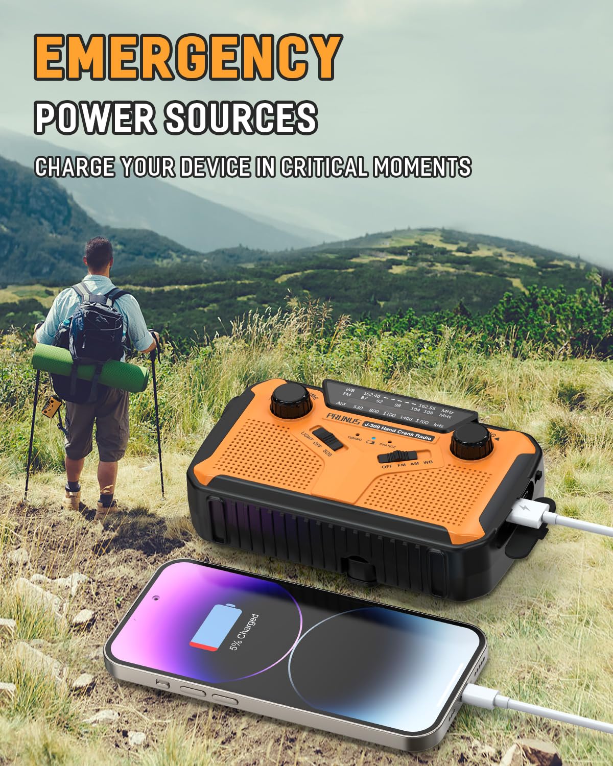 PRUNUS J-369 11100mAh Emergency Weather Radio with Solar/USB/Hand Crank Charging, NOAA AM FM, LED Flashlight & Reading Lamp, SOS Alarm - Perfect for Camping, Hiking, and Power Outages