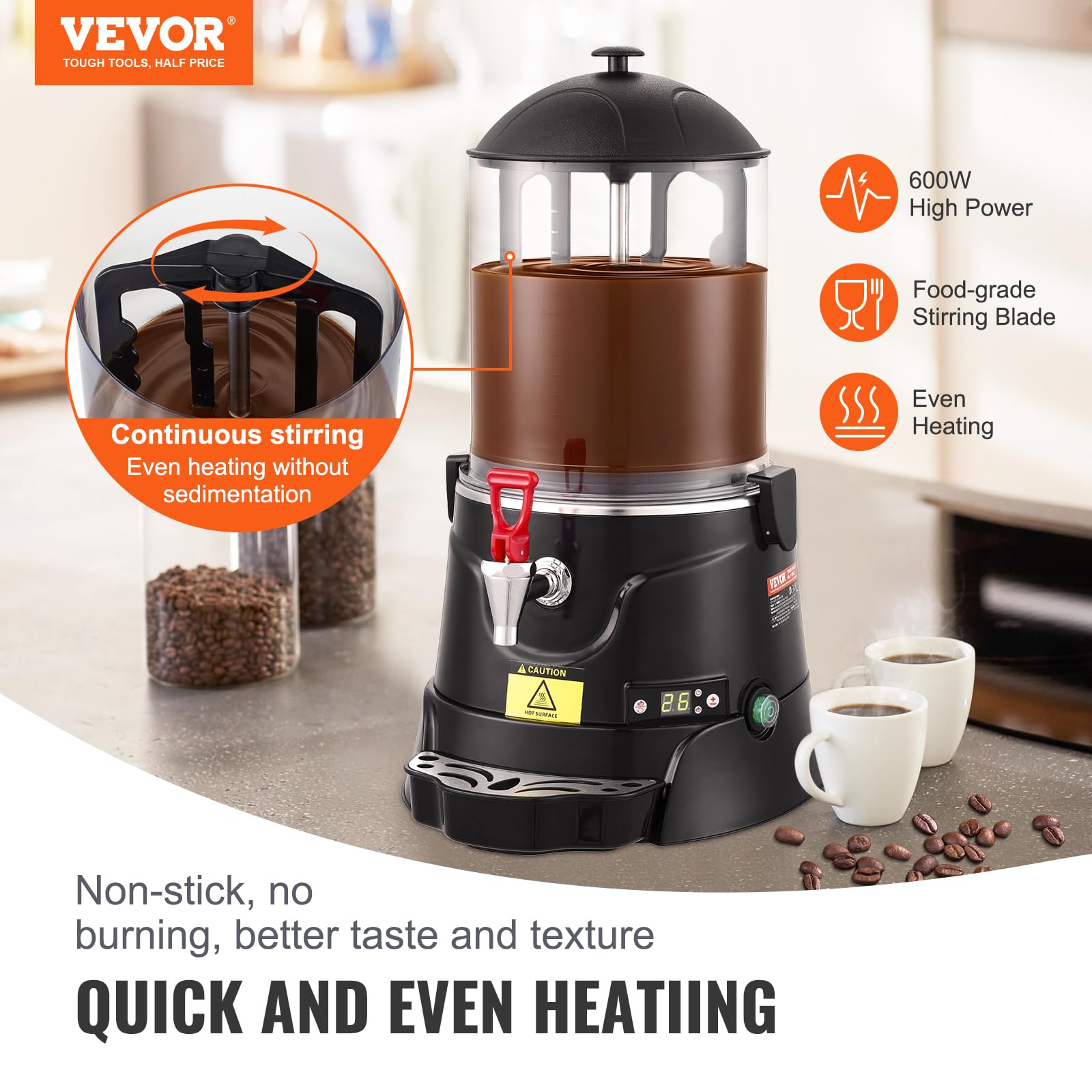 VEVOR 2.6 Gal Hot Chocolate Dispenser Machine with Adjustable Temperature 86°F-194°F, High-Quality ABS Tank for Hot Drinks - Perfect for Cafes, Restaurants, and Home Use