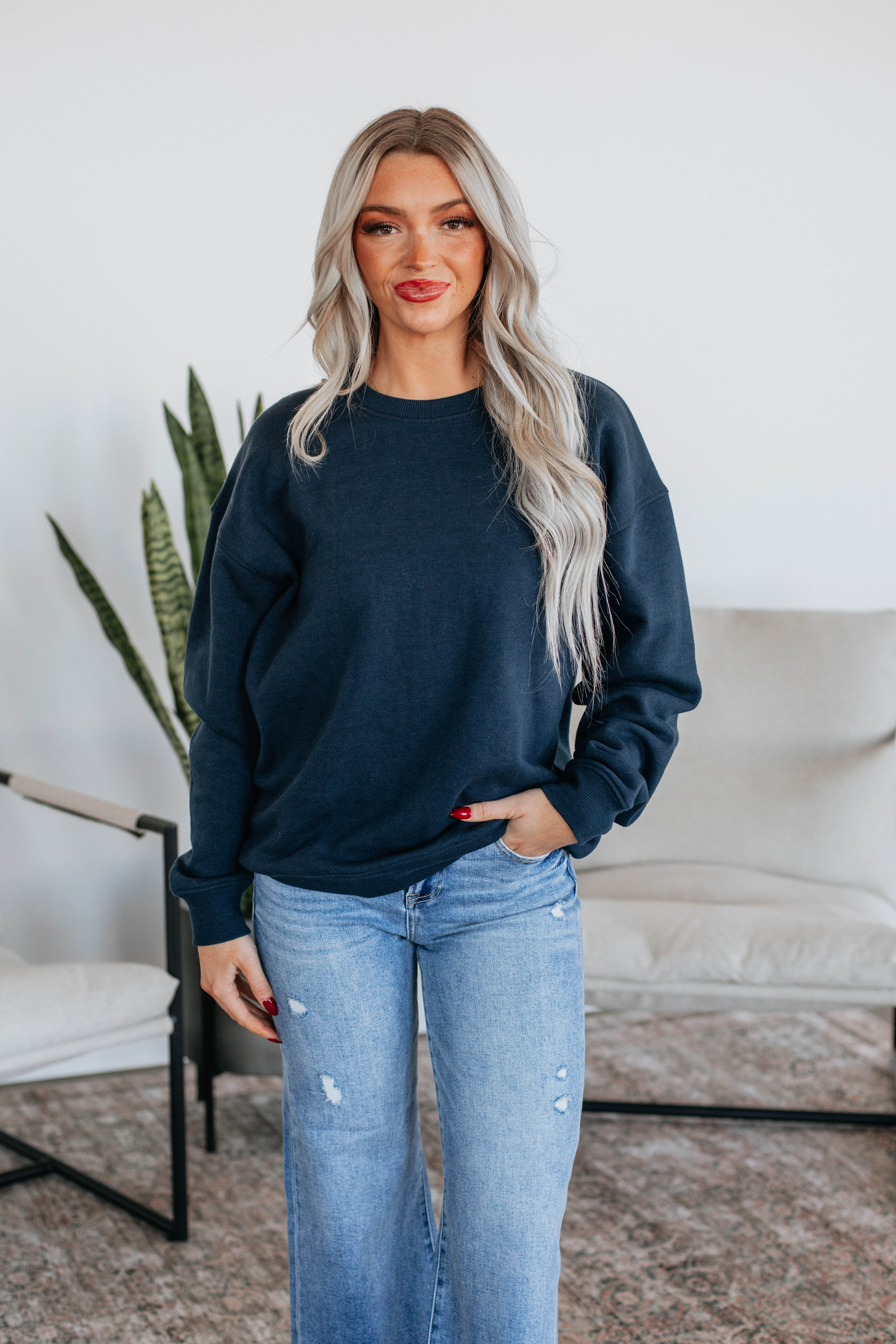 Jandi Lounge Crewneck Sweatshirt for Women - Soft & Comfortable Navy Pullover - Perfect for Casual Wear, Lounging & Travel