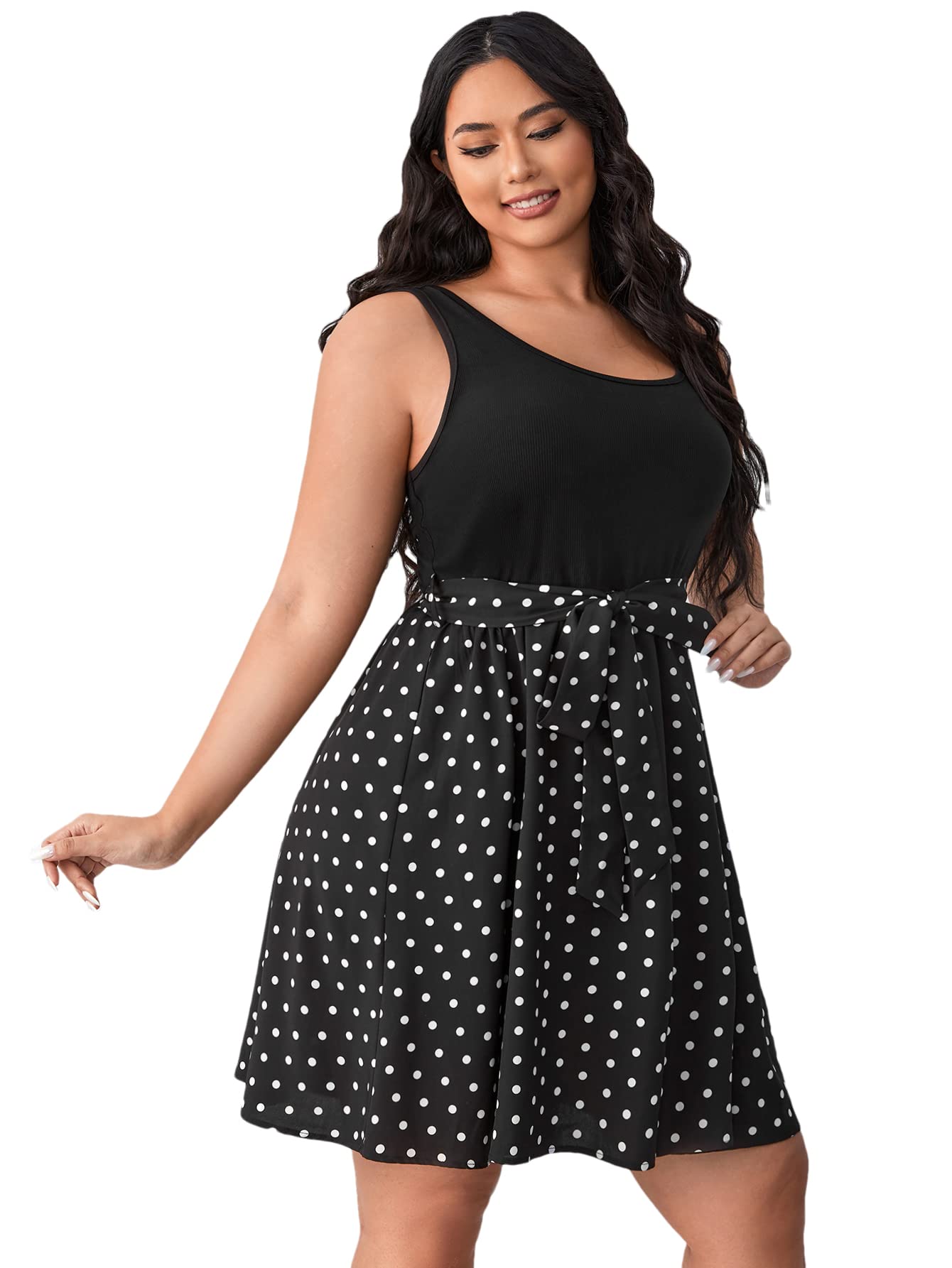 SweatyRocks Women's Plus Size Floral Print Summer Dress - Sleeveless Scoop Neck Tie Front Casual Short Dress for Beach, Vacation & Outdoor Activities