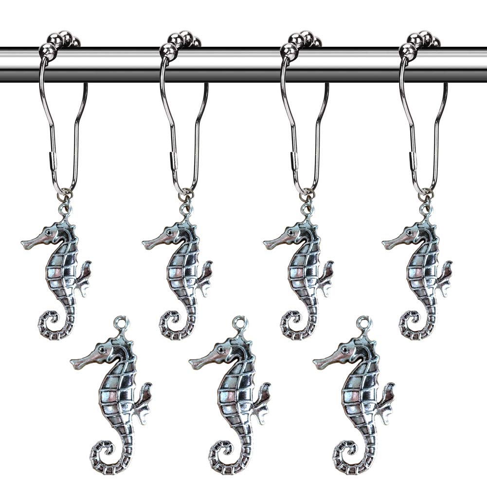 12-Pack Silver Seahorse Shower Curtain Hooks - Tropical Coastal Beach & Nautical Bathroom Decor Set | Perfect for Ocean-Themed, Seaside, and Boat-Inspired Bathroom Designs
