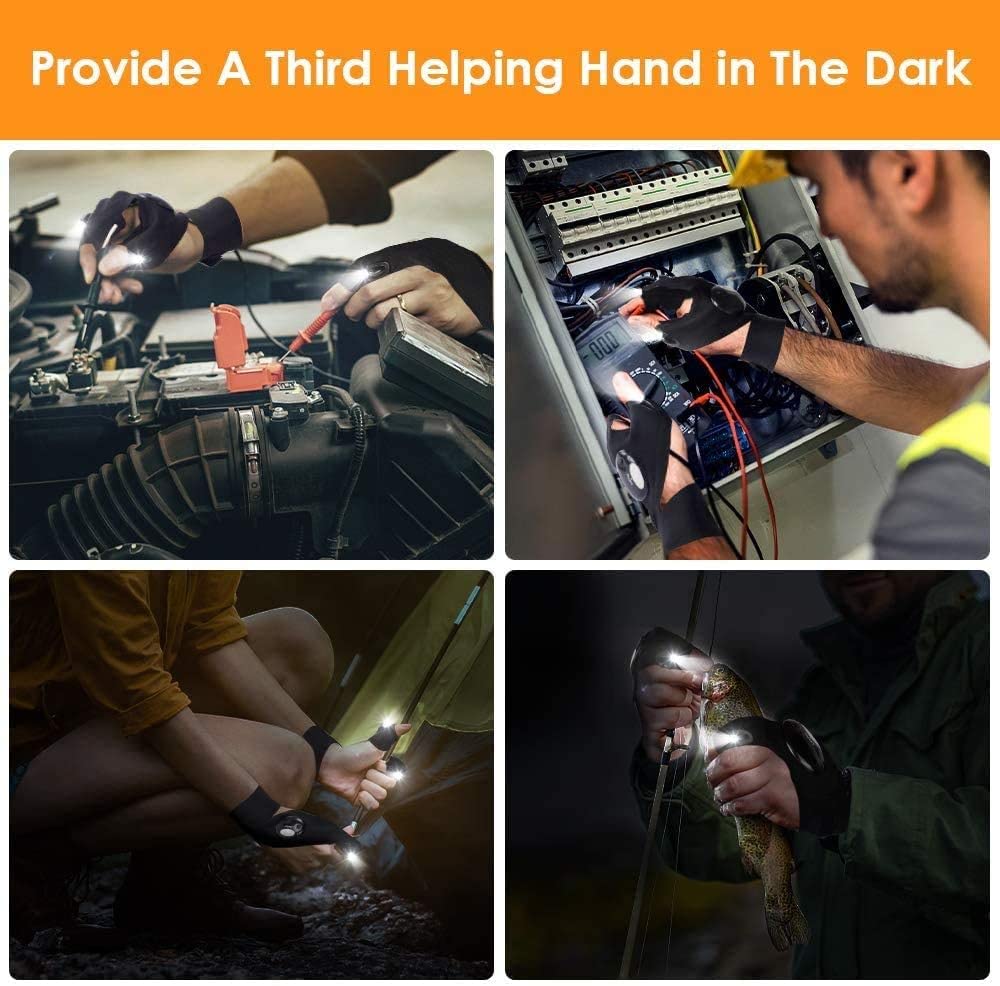 4pcs LED Flashlight Gloves - Fingerless Work Gloves with Built-in Light for Outdoor Activities, Fishing, Camping, Hiking, Repairing - Perfect Gift for Men & Women - Ideal for Night Work, DIY Projects, and Emergency Situations (2 Pairs)
