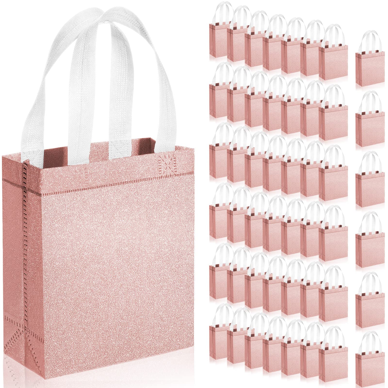 48 Pack Rose Gold Glitter Wedding Favor Bags with Handles - 6.5x3.1x7.8 Inch Reusable Non-Woven Tote Gift Bags for Bridal Showers, Baby Showers, Birthday Parties & Holiday Celebrations