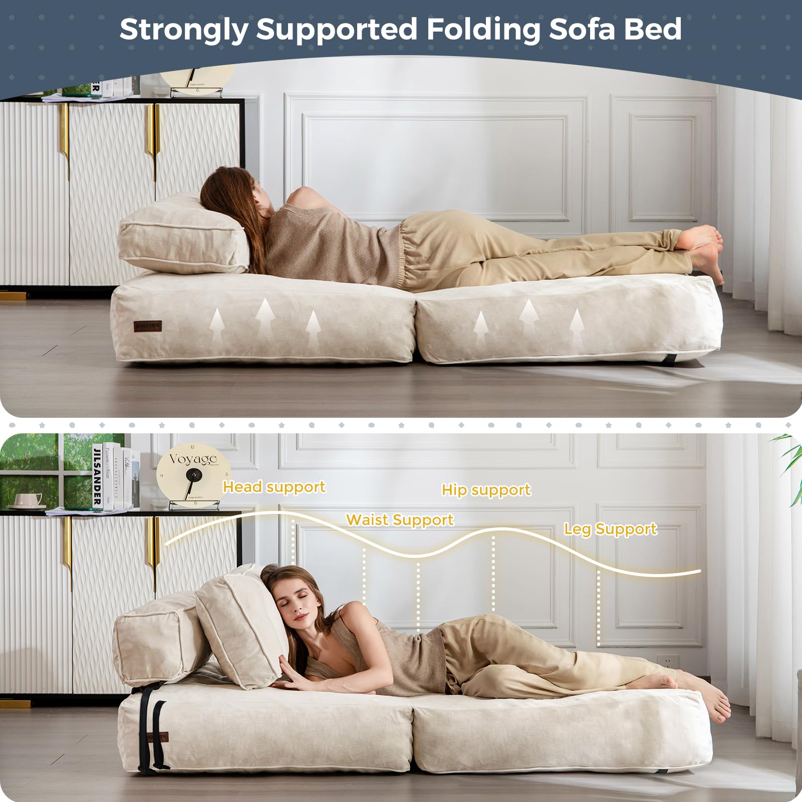 MAXYOYO Folding Sofa Bed - Velvet Convertible Sleeper Chair with Pillow, Portable Fold Out Guest Bed in Beige | Perfect for Small Spaces, Apartments & Overnight Guests