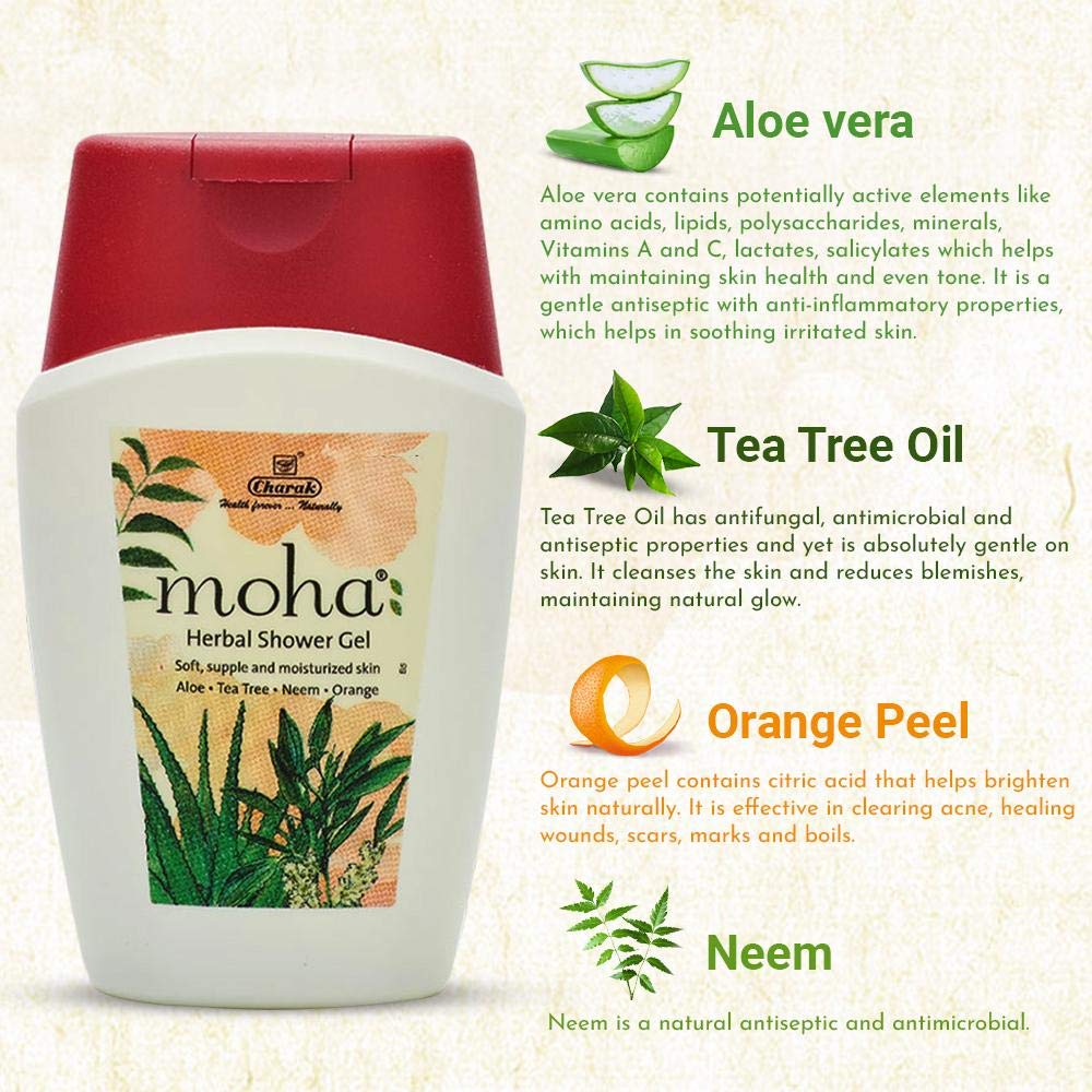 Moha Herbal Shower Gel with Aloe Vera, Tea Tree, Neem & Orange - Natural Body Wash for Soft, Supple & Moisturized Skin (200ml) - Perfect for Daily Hydration & Aromatherapy Relaxation