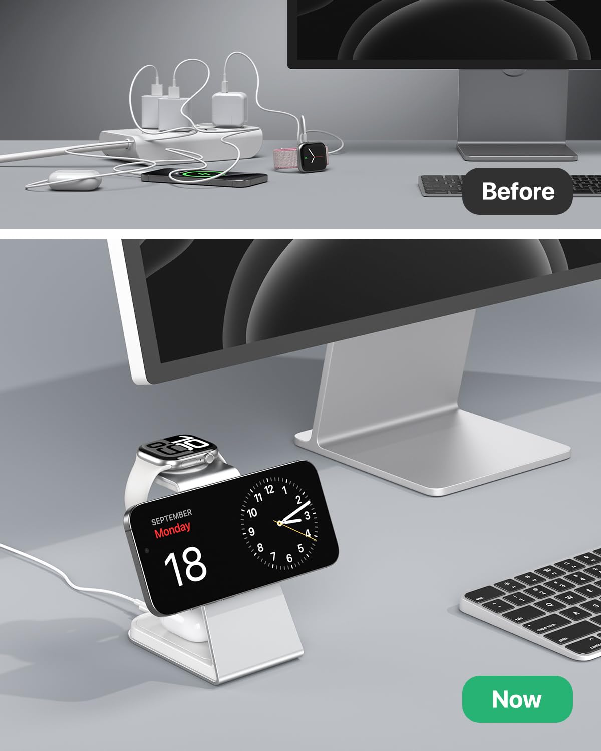 3 in 1 Magnetic Wireless Charging Station for iPhone 16/15/14/13 Series - 15W Fast MagSafe Charger Stand with Aluminum Alloy Base - Compatible with Apple Watch Series & AirPods 3/2/Pro - Perfect for Bedside, Office & Travel Charging