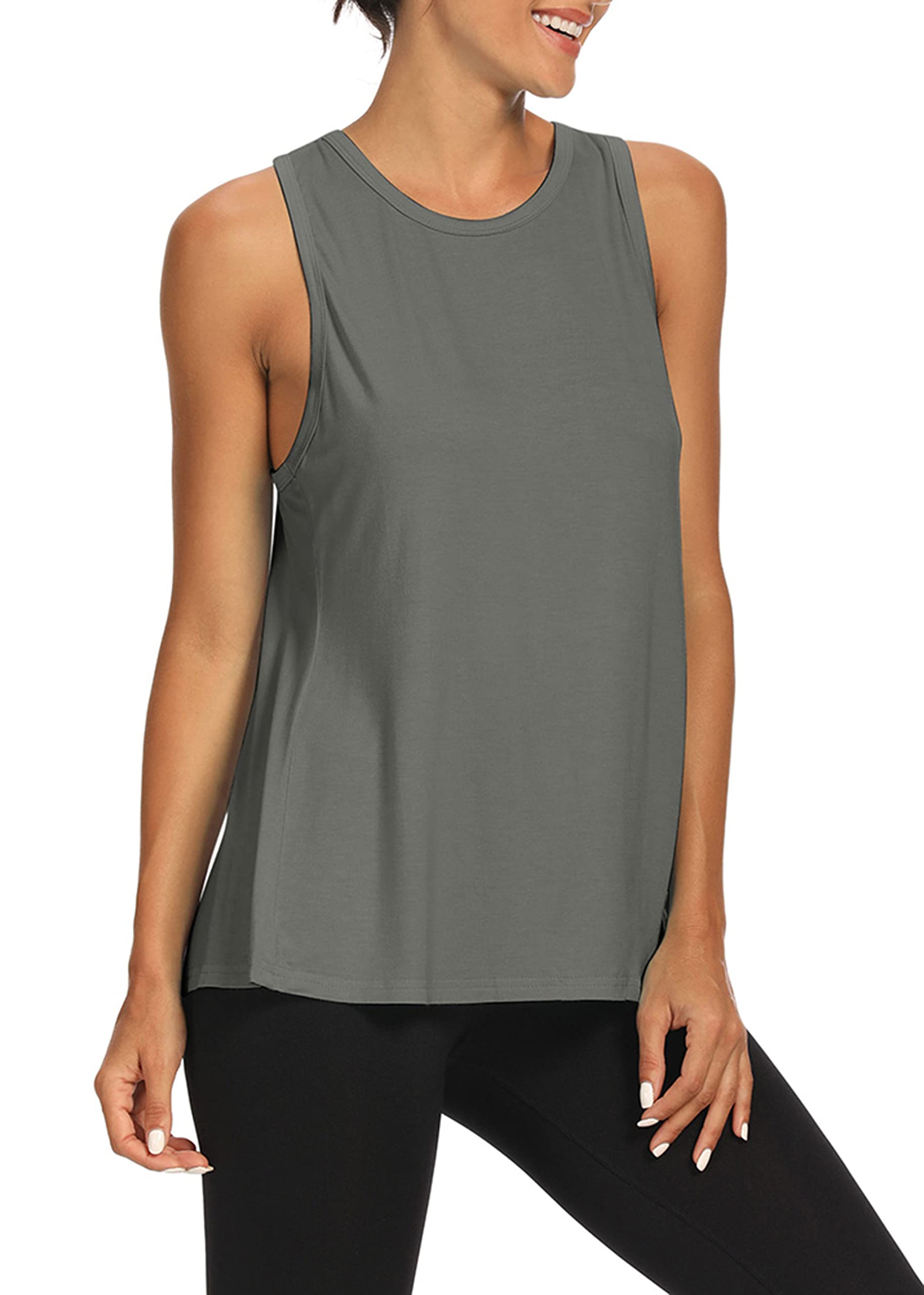 Bestisun Open Back Yoga Top - Gym Workout Tank for Women, Dark Gray XL