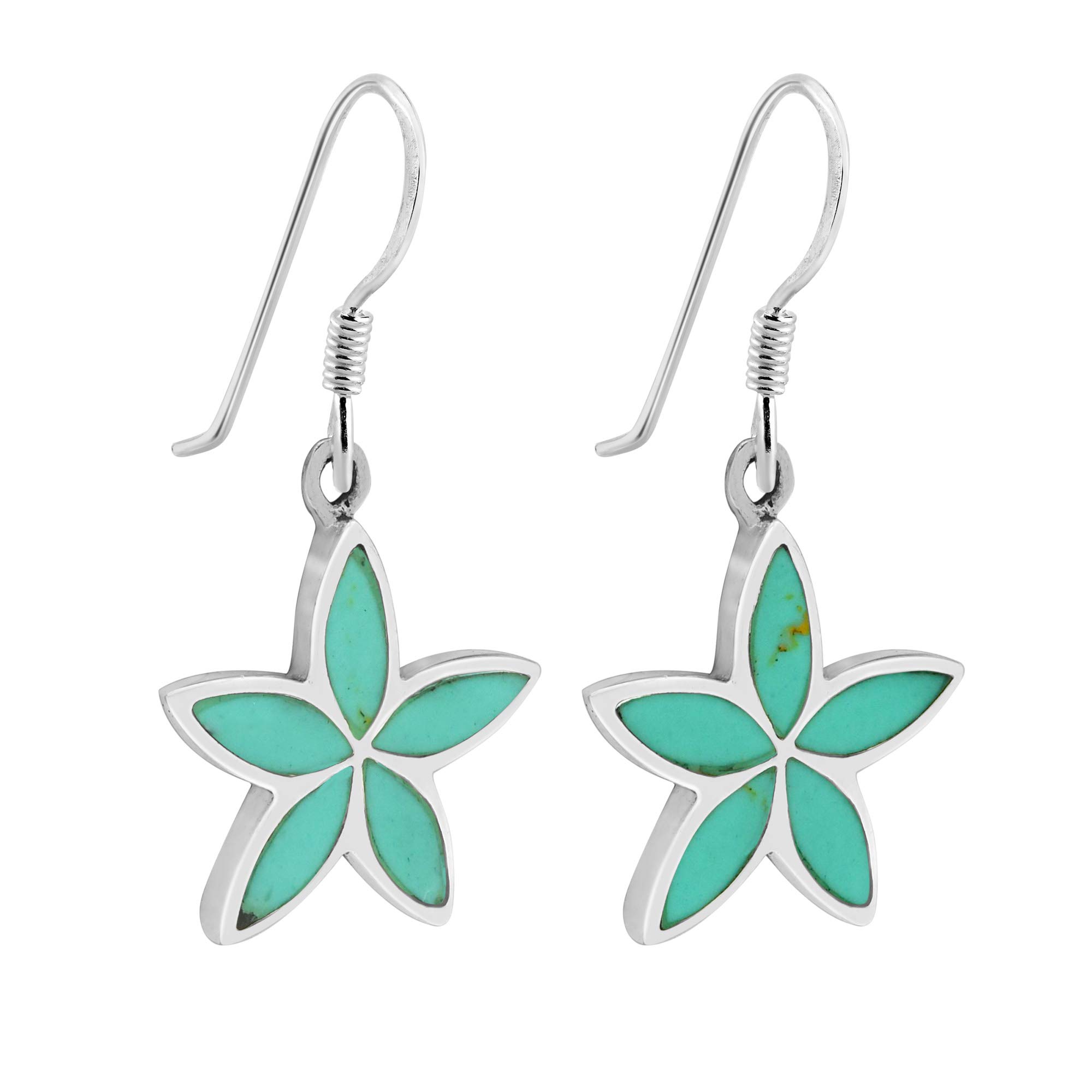 AeraVida Whimsical Floral Star Simulated Green Turquoise Inlay .925 Sterling Silver Dangle Earrings for Women | Elegant Bohemian Jewelry Gift for Daughter, Sister, Wife | Perfect for Parties, Weddings & Date Nights