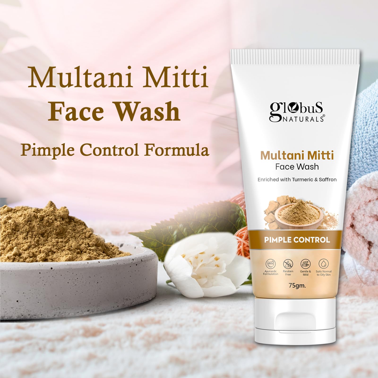 Globus Naturals Multani Mitti Face Wash with Turmeric & Saffron - Acne Treatment for Oily & Acne-Prone Skin - 75gm | Deep Cleansing & Pimple Control | Perfect for Daily Skincare Routine & Breakout Prevention