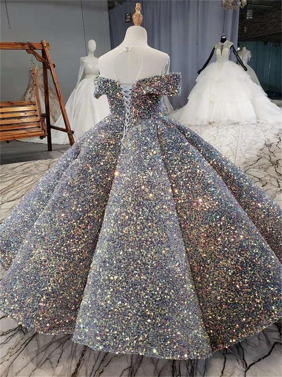 Luxury Girls Pageant Dresses - Off Shoulder Silver Sequin Ball Gowns with Bling for Kids | Toddler Pageant, Birthday Party, Special Occasion Formal Wear