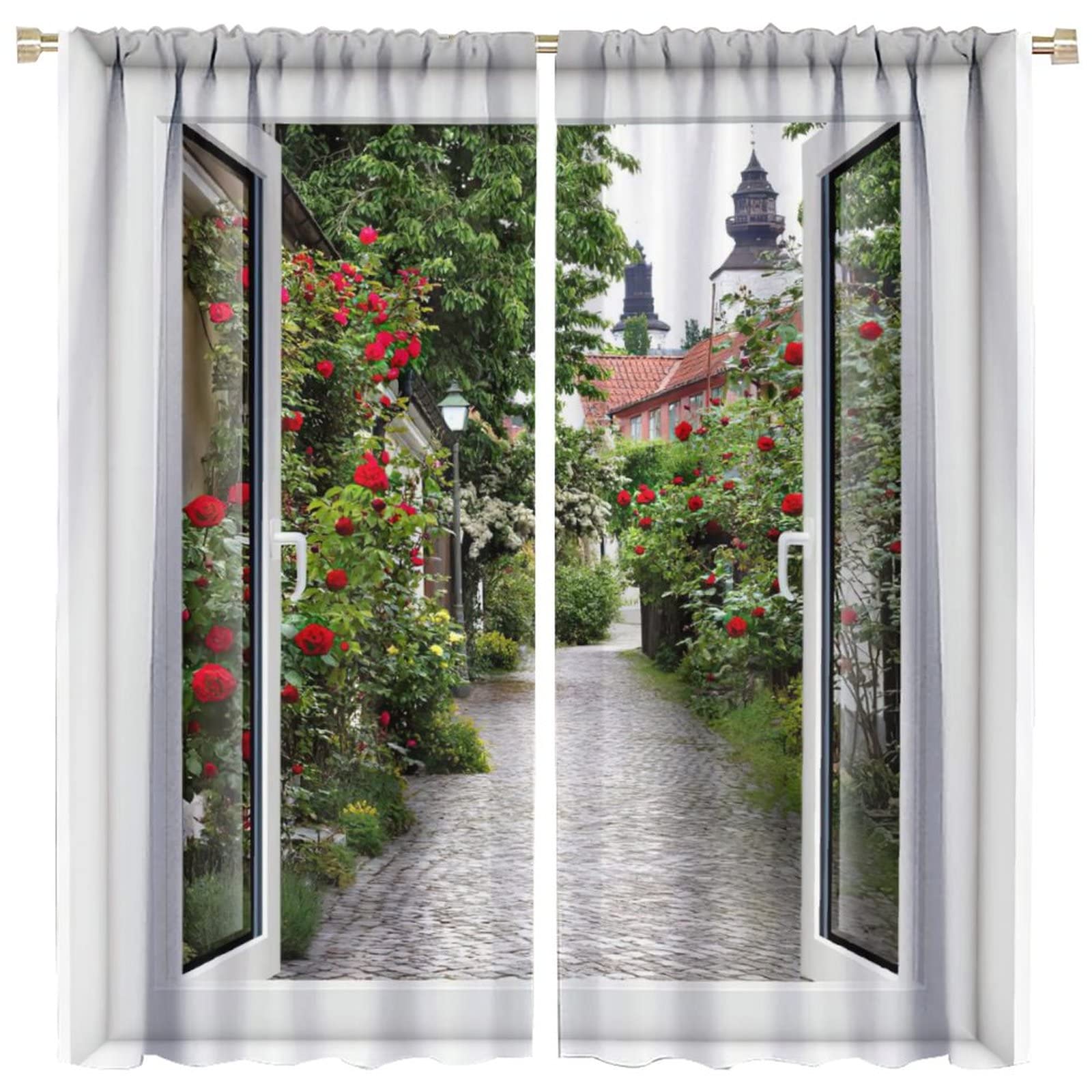 Country Curtains - Romantic Red Flower Spring Landscape Design for Windows, 2 Panel Set (42x45 Inch) | Perfect for Bedroom, Living Room, Kitchen, Cafe & Office Decor | Brings Nature's Beauty Indoors