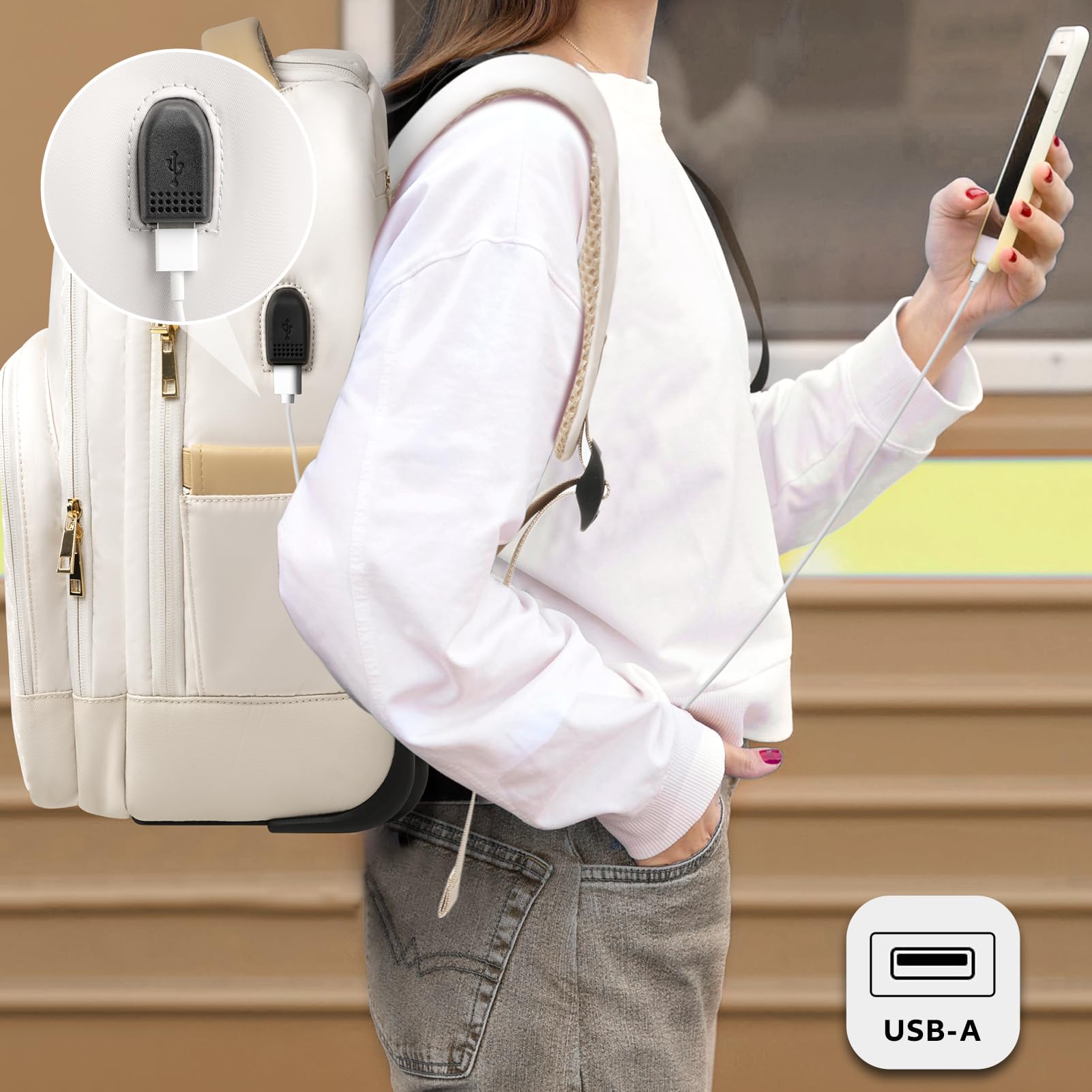 40L Rolling Backpack with Wheels for Women & Adults - Wheeled Travel Backpack Carry On Luggage - Perfect for Air Travel, Commuting & Outdoor Adventures (Beige)