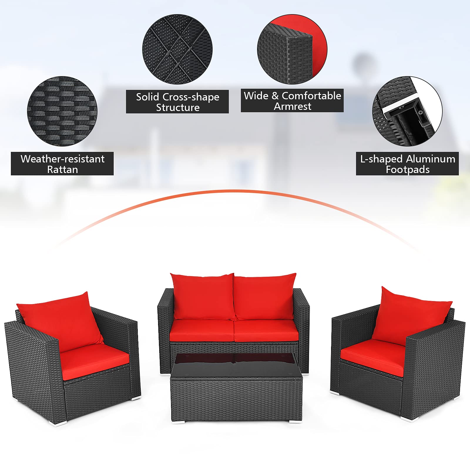 HappyGrill 4-Piece Outdoor Patio Conversation Set - Rattan Wicker Sofa with Tempered Glass Table & Removable Cushions - Garden, Backyard, Poolside Furniture for Relaxing and Entertaining