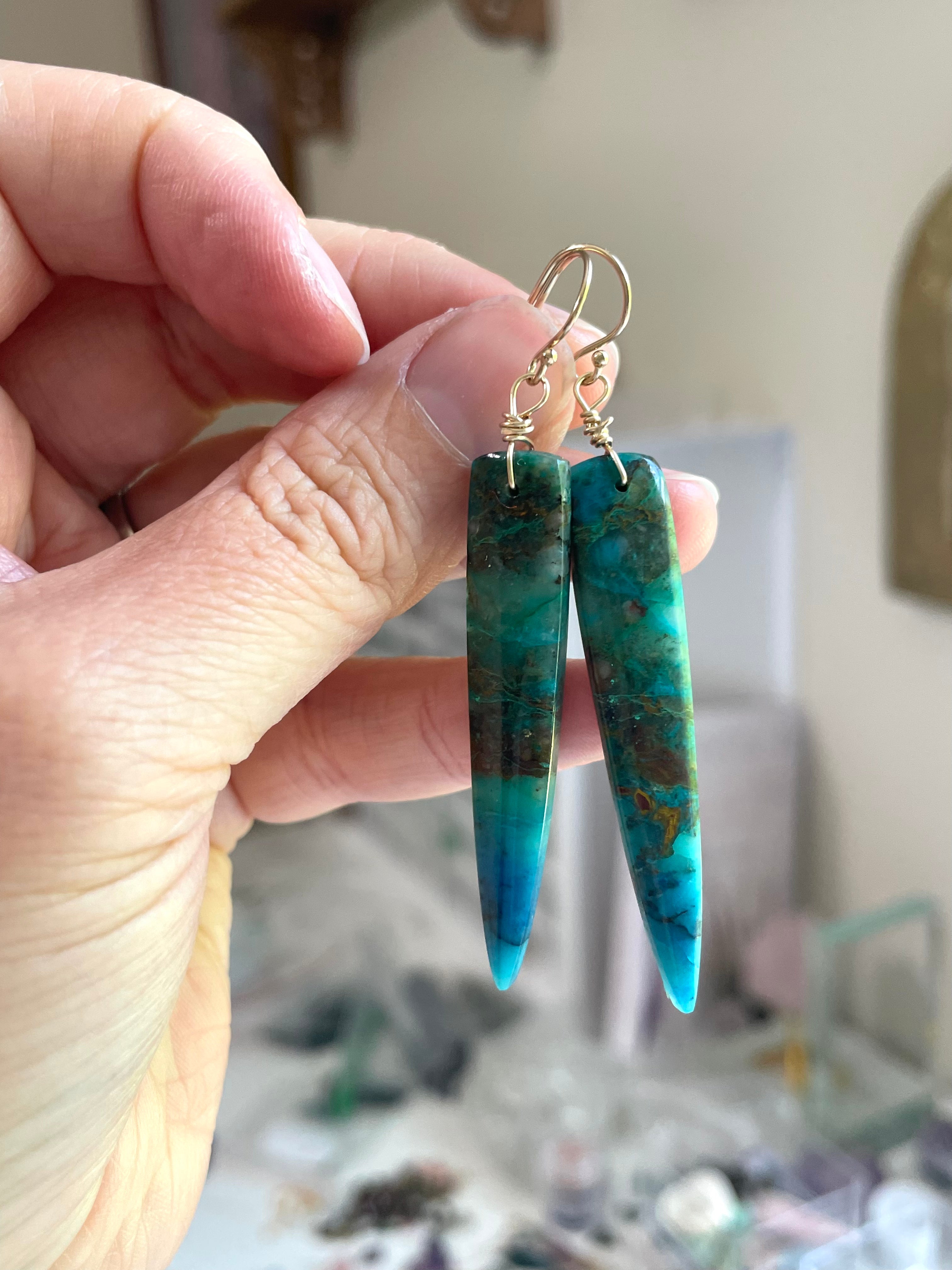 Stunning Chrysocolla Gold Filled Statement Earrings with Crystal Gemstones | Elegant Jewelry for Women | Perfect for Parties, Weddings & Special Occasions