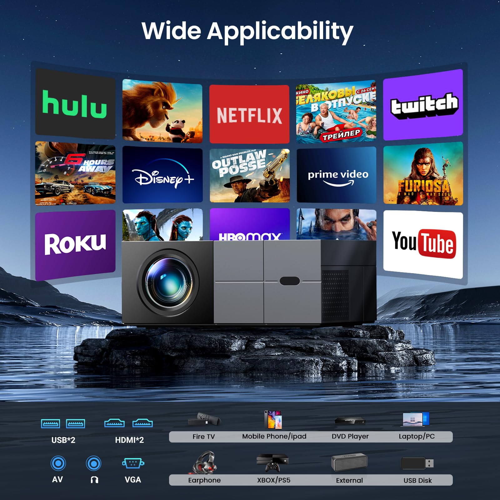 YOWHICK 20000LM Native 1080P WiFi Bluetooth Projector - 4K Supported Portable Smart Home Theater Movie Projector with Screen for iPhone/Android/HDMI/USB/TV Stick (Grey) - Perfect for Indoor Movies, Gaming & Outdoor Camping Entertainment