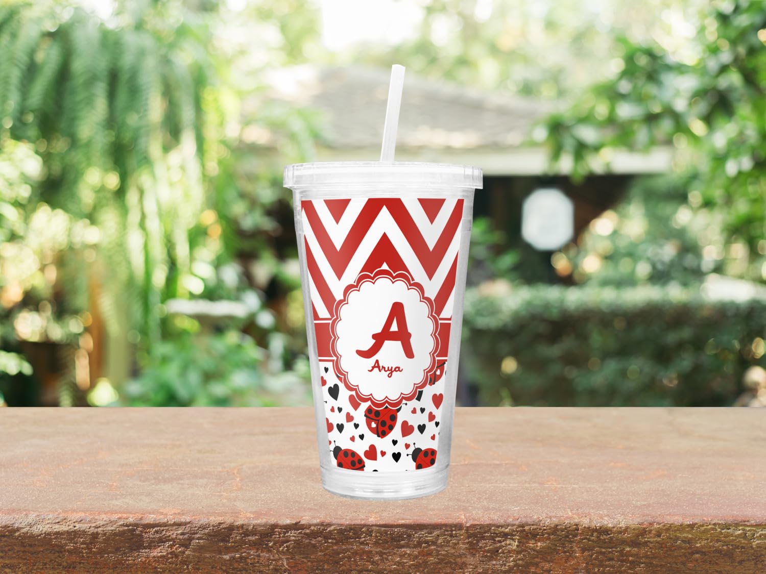 Custom Ladybugs & Chevron Pattern Double Wall Insulated Tumbler with Straw and Lid - Perfect for Iced Coffee, Smoothies, and Outdoor Activities