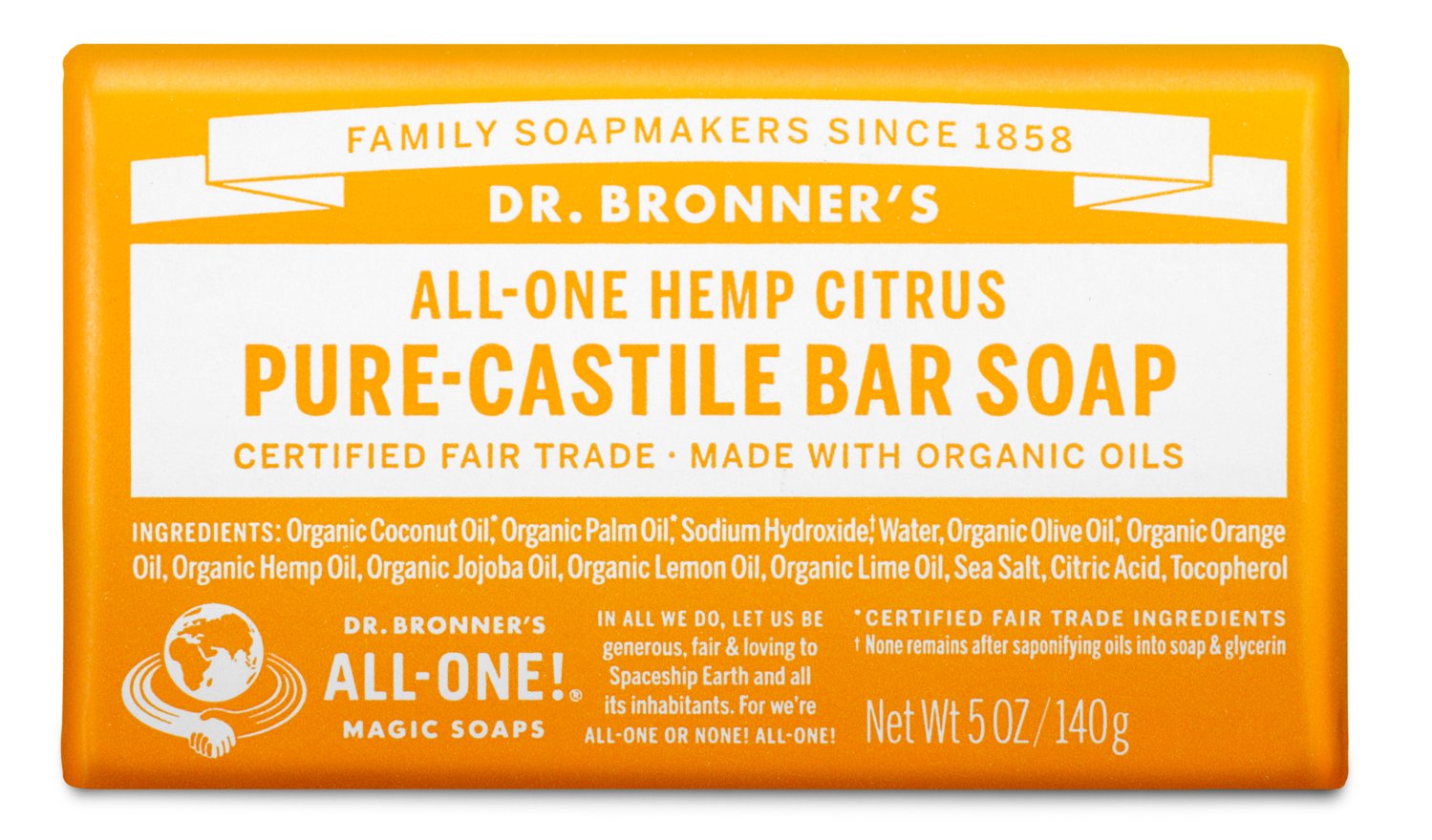 Dr. Bronners Pure Castile Bar Soap - Organic Citrus Scent, Vegan & Biodegradable for Face, Body & Hair - Perfect for Travel, Camping & Eco-Friendly Home Use