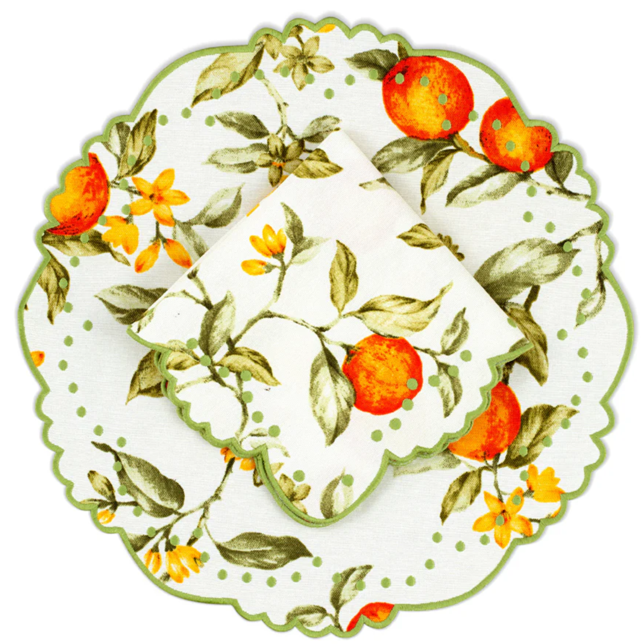 Berenice Citrus Embroidered Cotton Placemat & Napkin Set - 4 Piece Table Setting for Spring & Summer Dining, Kitchen Decor, Party & Wedding Tableware