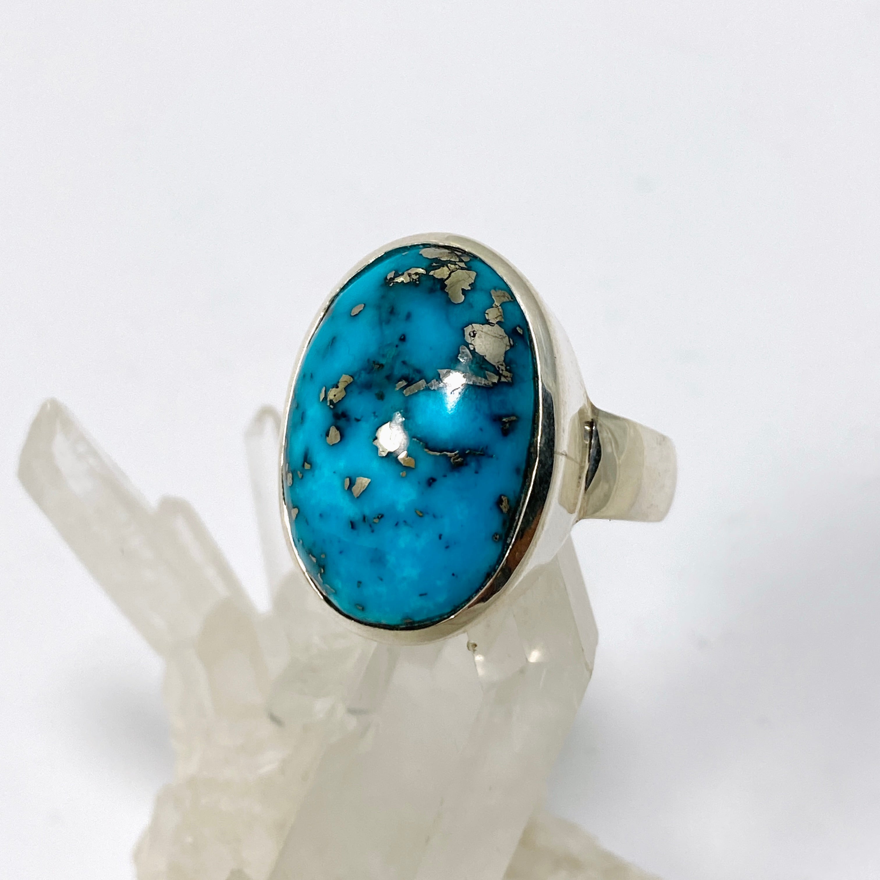 Natural Persian Turquoise with Pyrite Oval Cabochon Ring - Size 10 - Handmade Iranian Gemstone Jewelry for Women - Perfect for Boho, Western & Everyday Fashion