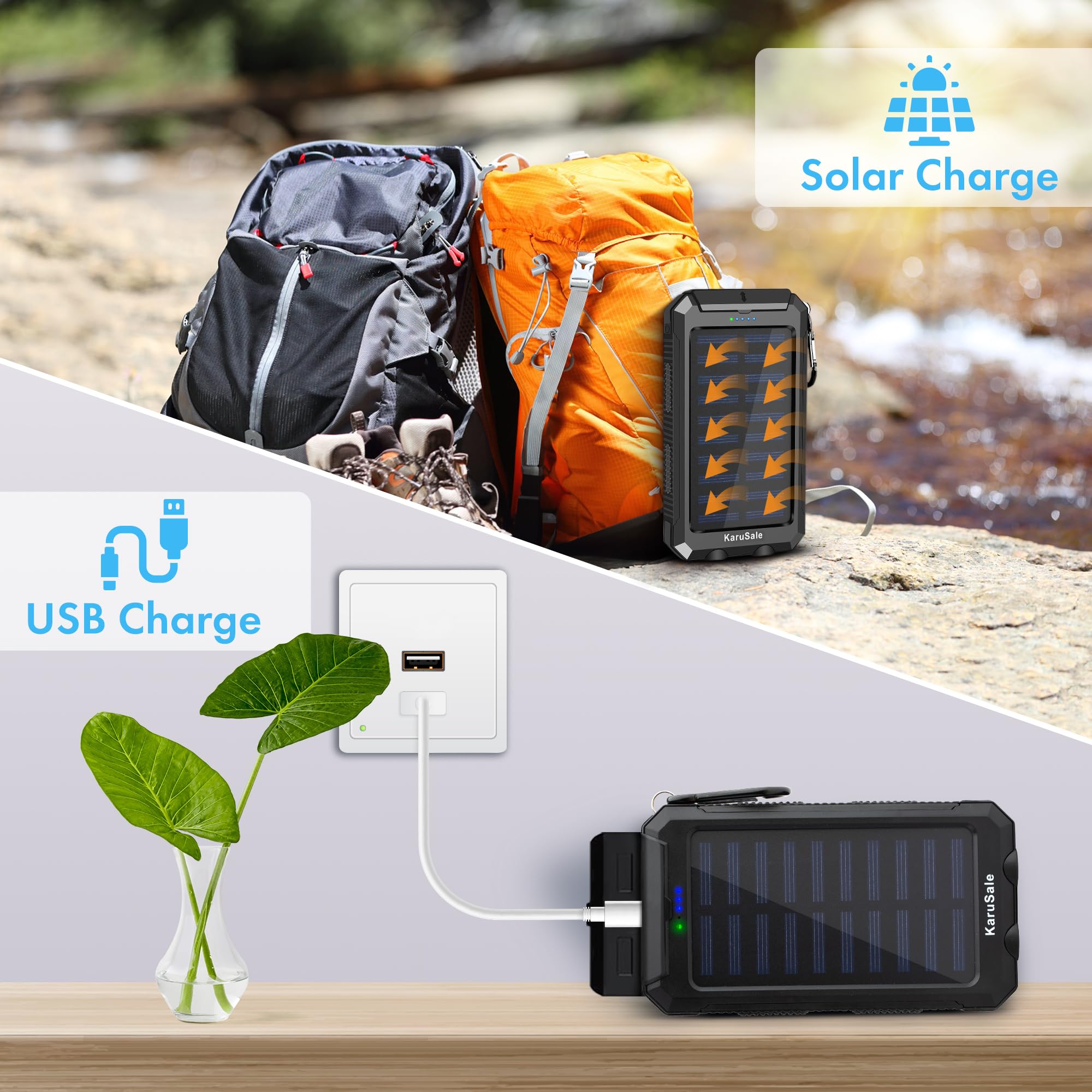 50,000mAh Solar Power Bank with QC3.0 Fast Charging - 20W Portable Charger, Waterproof External Battery Pack for iPhone, Samsung & Android Phones - Perfect for Camping, Hiking, Travel & Emergency Power Backup