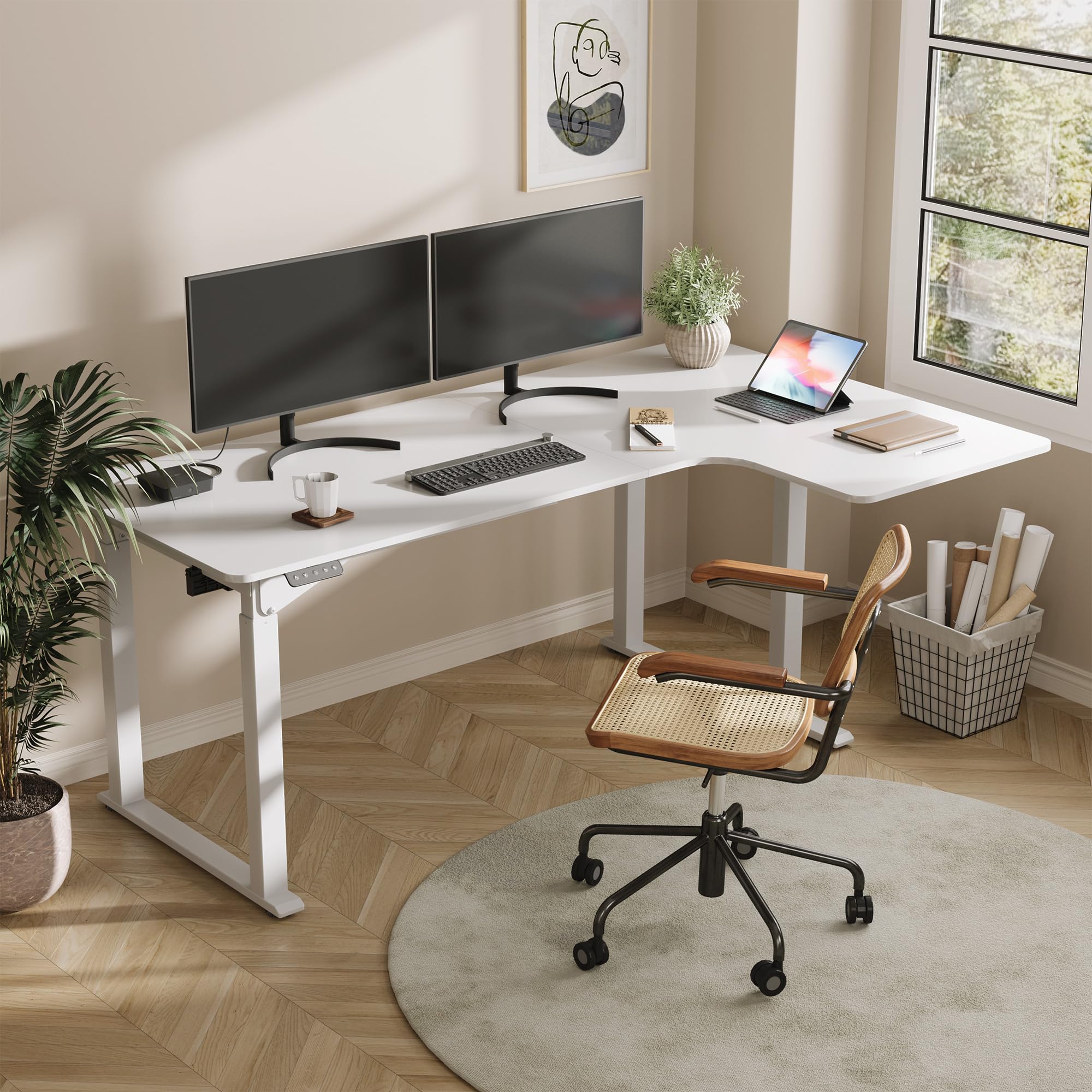 Premium SANODESK L-Shaped Electric Standing Desk - Dual Motor 4-Leg Height Adjustable Workstation with Memory Presets (71