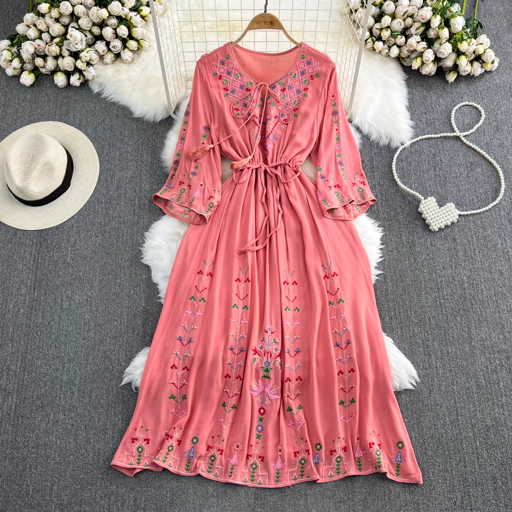 Bohemian V-Neck Embroidered Elegant A-Line Cotton Dress for Women | Summer Casual Boho Maxi Dress for Beach, Vacation & Outdoor Events