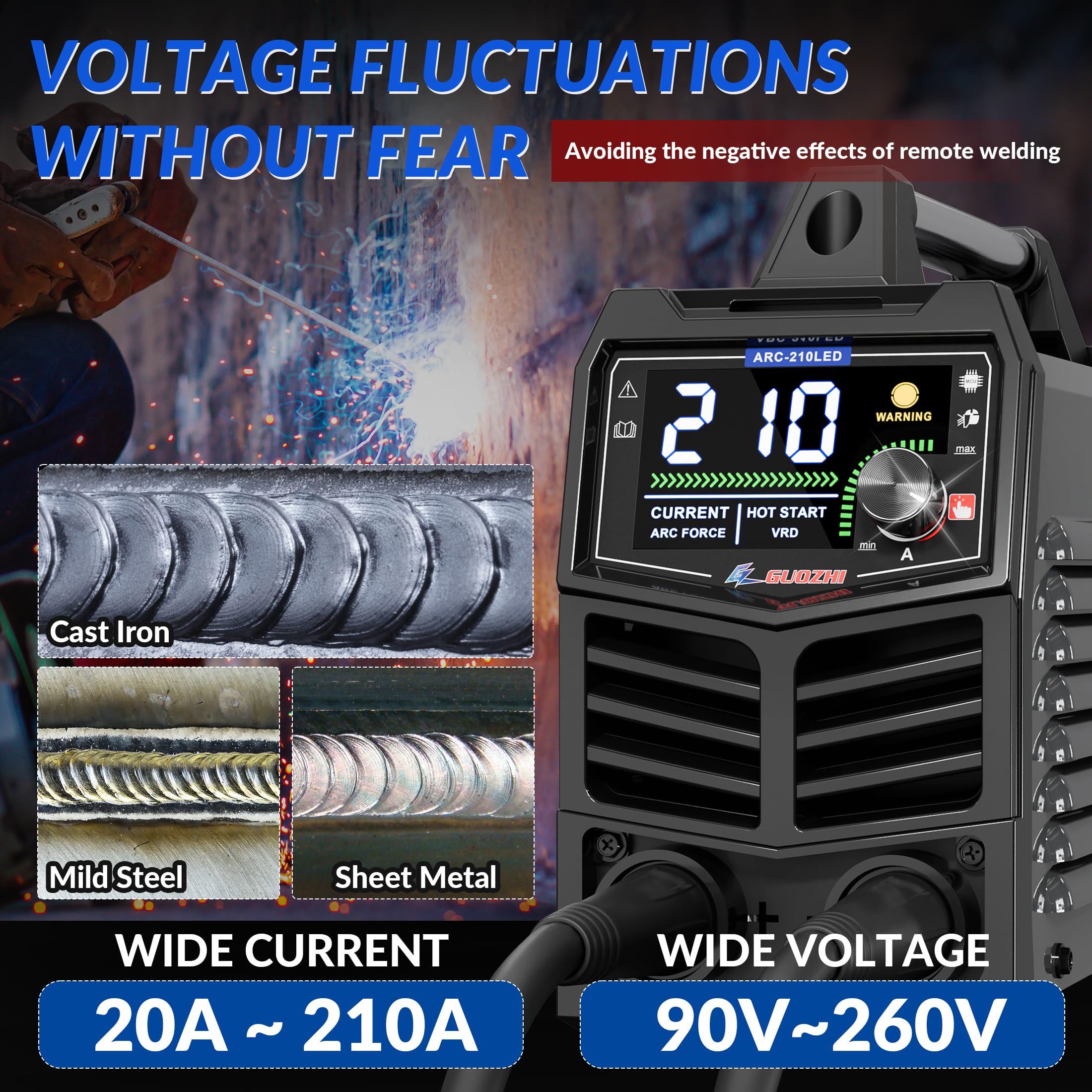 GZ GUOZHI 210Amp IGBT Inverter Welding Machine with Large LED Display - Dual Voltage 110V/220V, Portable MMA ARC Stick Welder with Hot Start - Ideal for Home DIY, Metal Fabrication, and Automotive Repairs