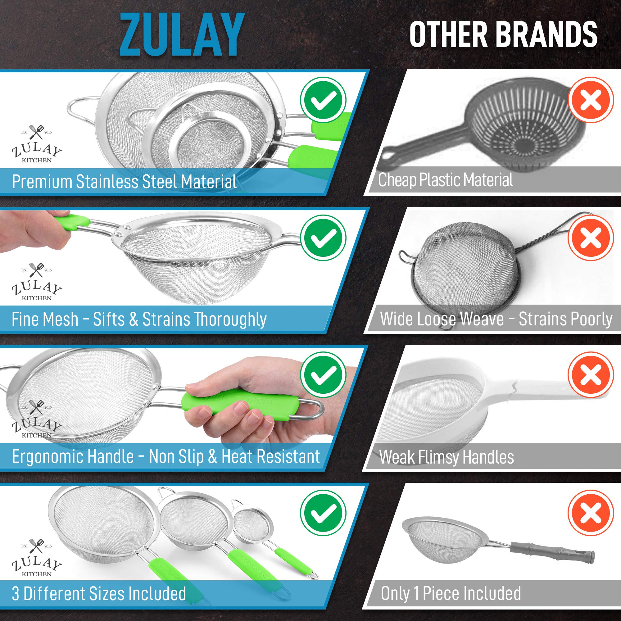 Premium Stainless Steel Strainer Set - 3 Sizes for Kitchen Use - Durable & Non-Slip