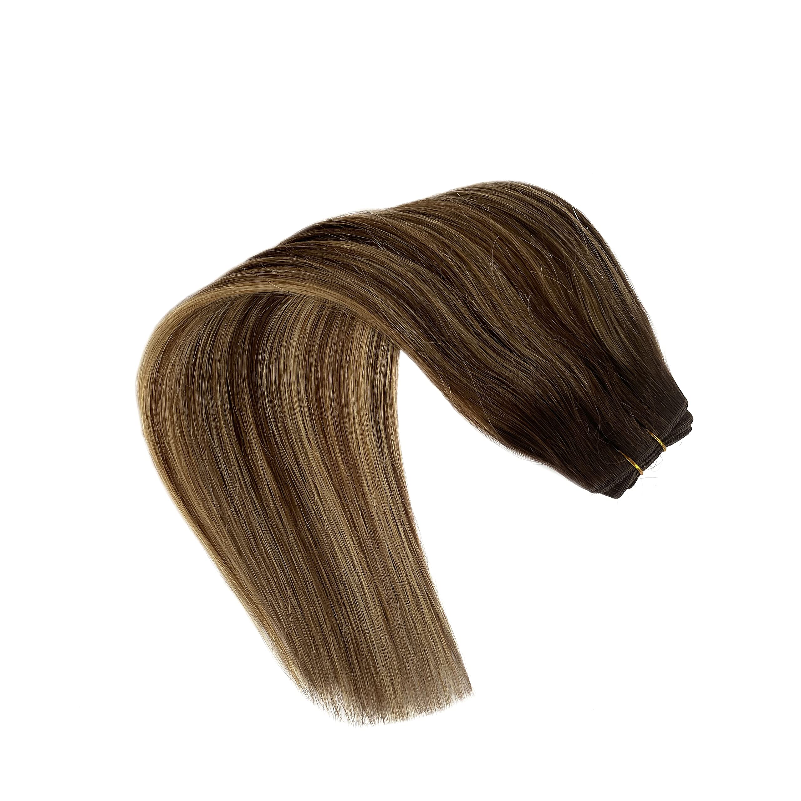 24 Inch Sew in Weft Hair Extensions - 100% Human Hair with Blonde Highlights (Brown to Golden Brown) | Remy Hand-Tied 120g Weft for Volume & Length | Perfect for Weddings, Parties & Daily Styling