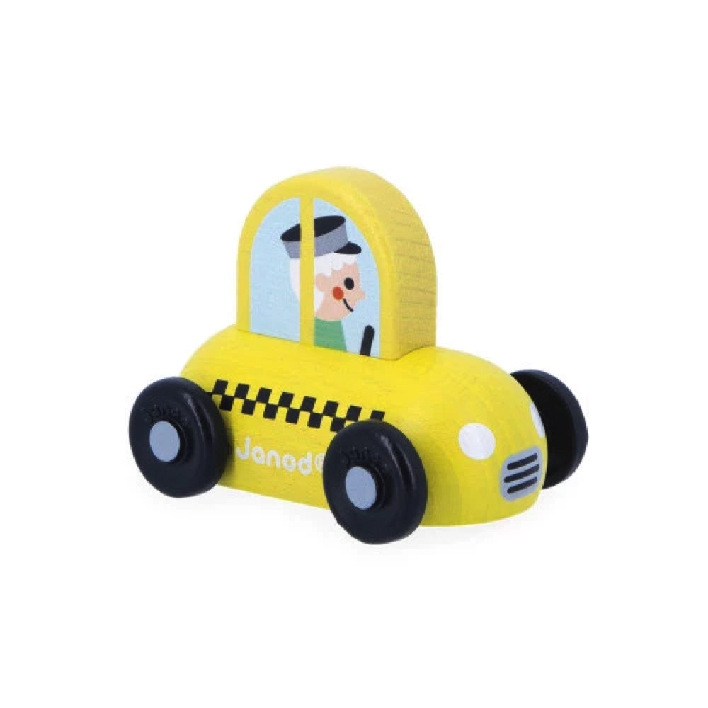 Janod Cross Roads Taxi - Wooden Toy Car for Kids, Educational Traffic Play Set - Perfect for Pretend Play, Learning Road Safety & Developing Motor Skills