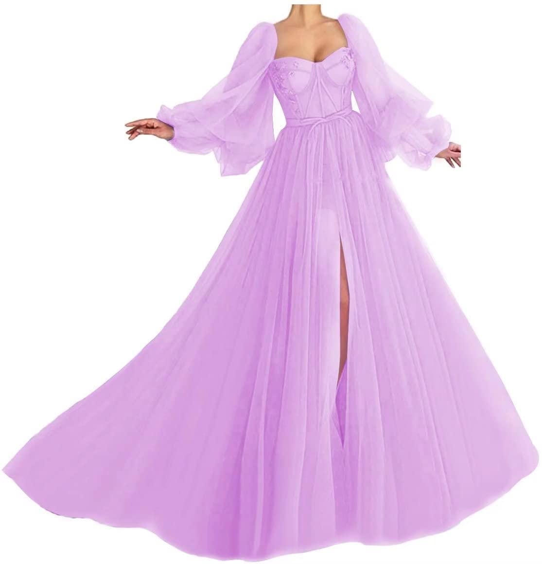 Elegant Puffy Sleeve Prom Dress for Women - Long Slit Tulle Sweetheart Neckline Princess Formal Evening Gown for Homecoming, Wedding, Ball Gown & Special Occasions