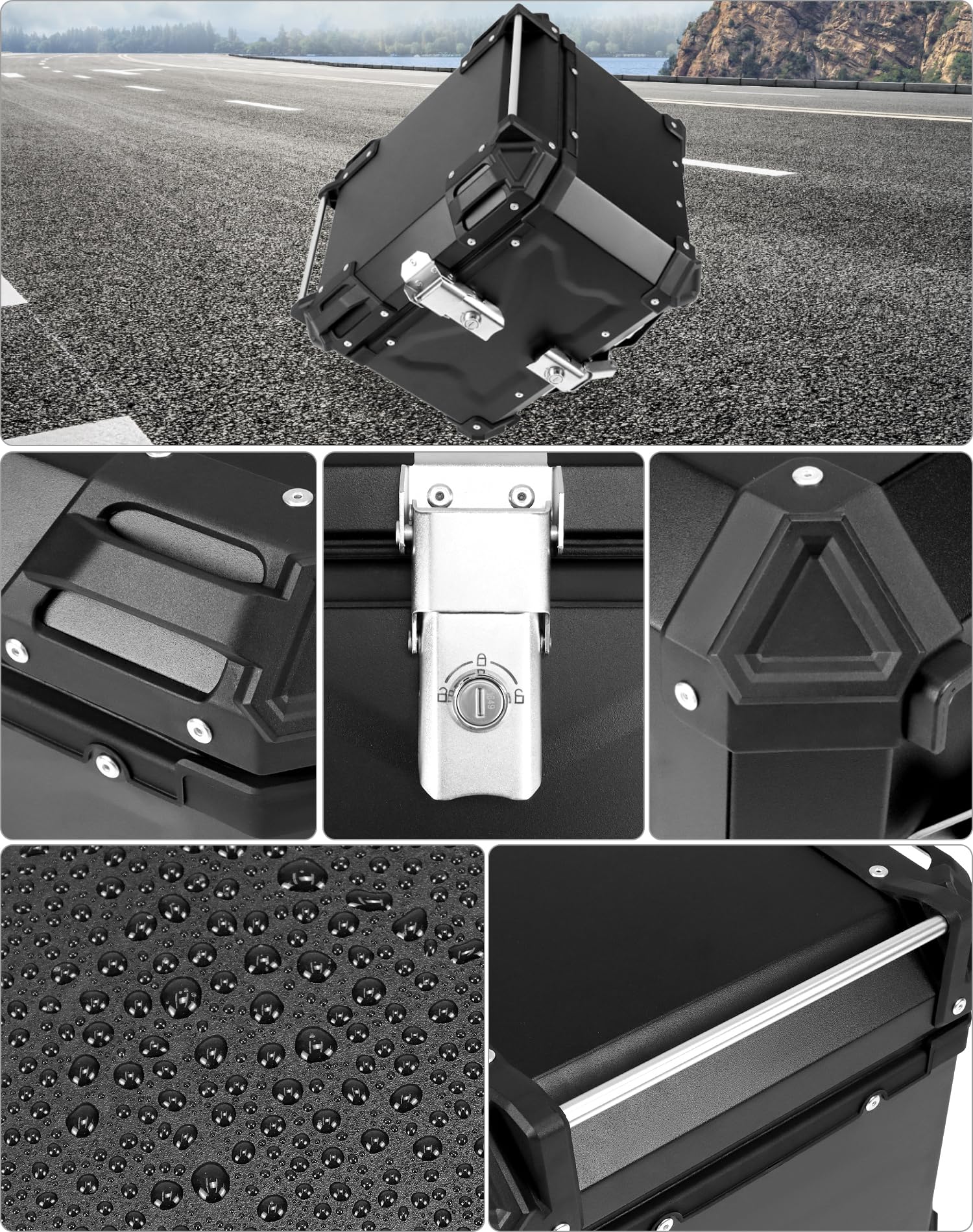 QWORK 45L Waterproof Motorcycle Top Case - Secure Aluminum Storage Box for Helmets & Luggage on Touring Rides