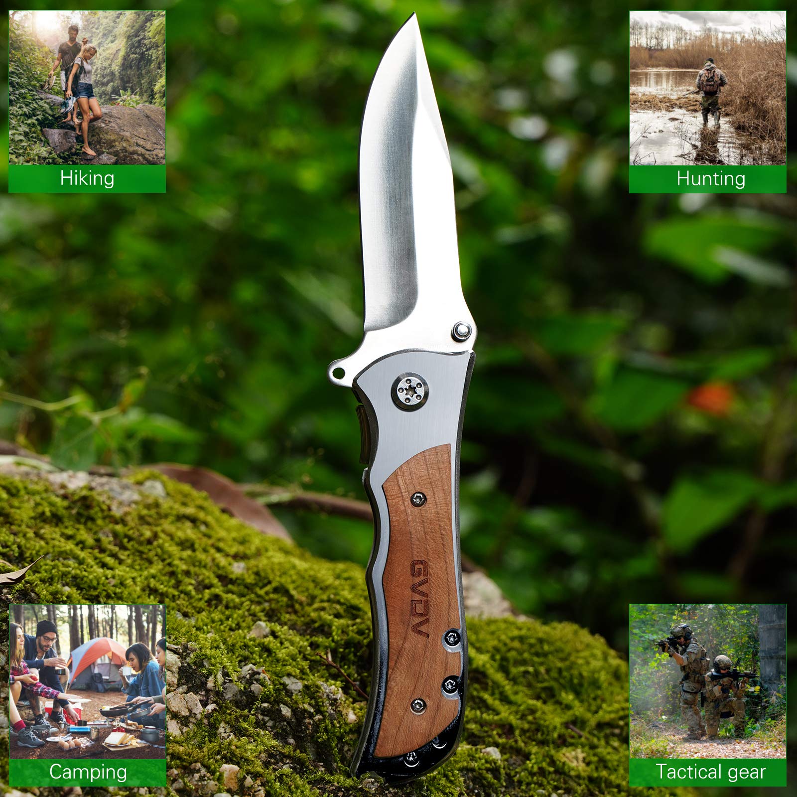 GVDV Tactical Pocket Folding Knife for Men - 7Cr17 Stainless Steel Blade with Safety Liner-Lock - Compact EDC Knife for Camping, Hunting, Fishing & Survival - Silver | Perfect for Outdoor Adventures, Everyday Carry & Emergency Situations
